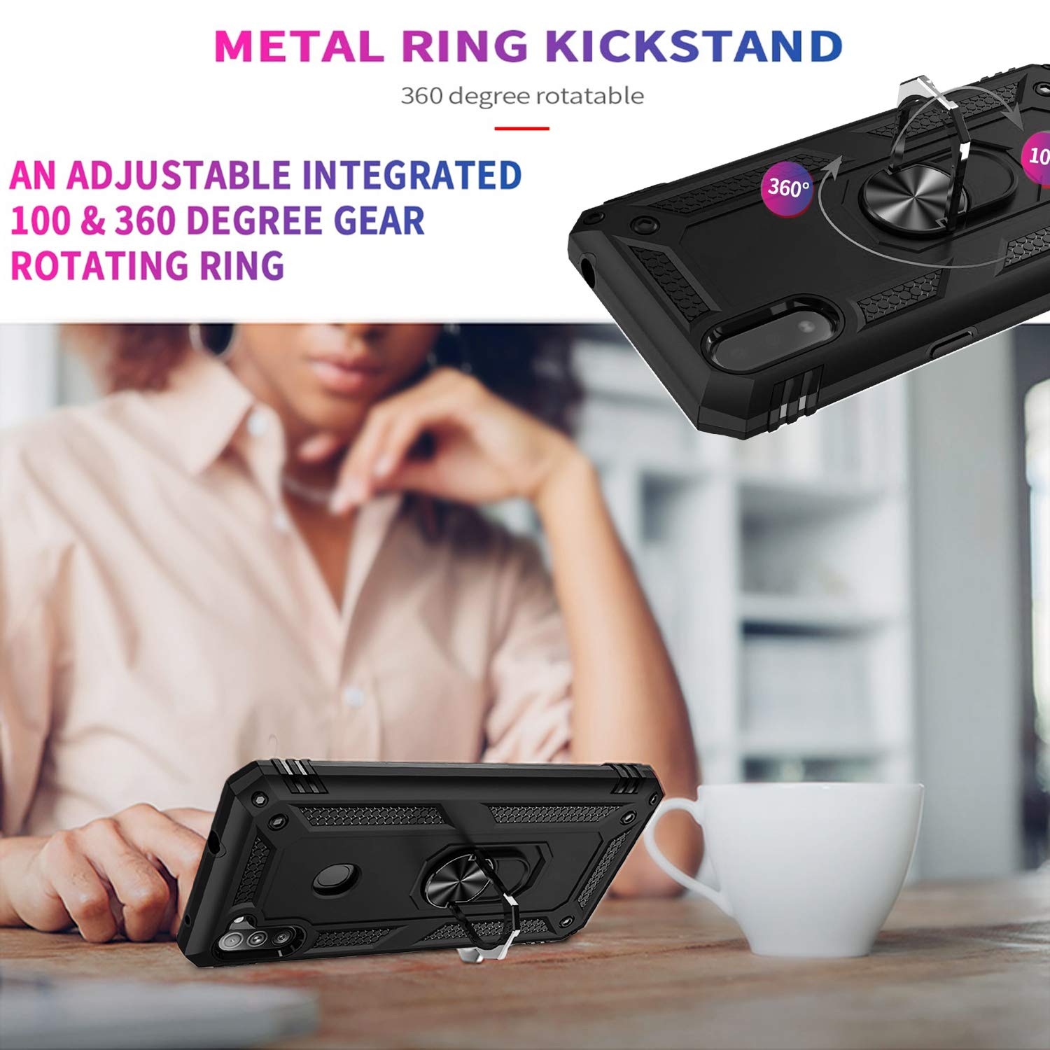 STARSHOP Samsung Galaxy A11 Case with Tempered Glass Screen Protector - Military Grade Shockproof Protective Cover with Metal Ring Kickstand - Black - Perfect for Outdoor Activities, Travel & Daily Use