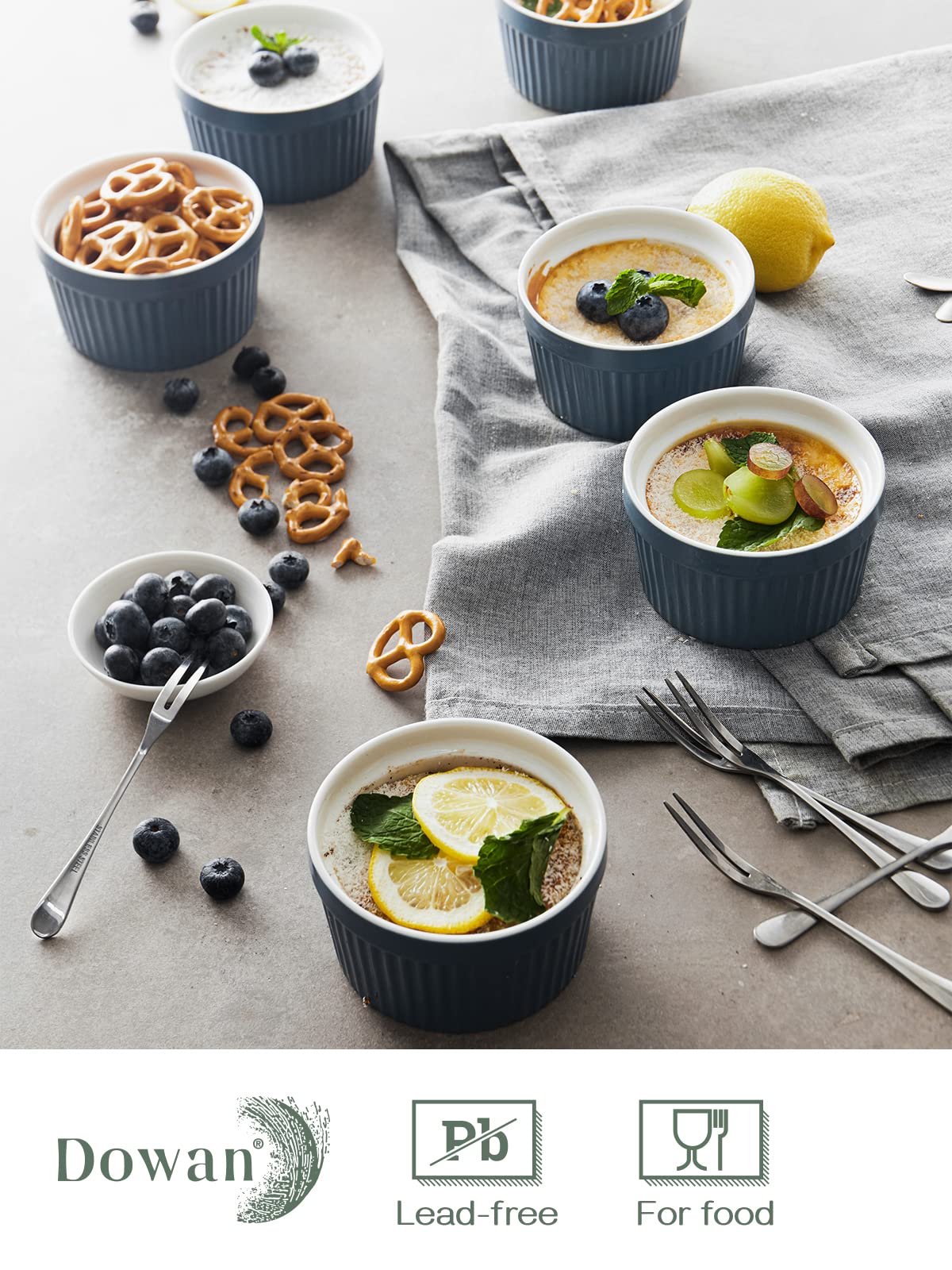 DOWAN 6 oz Square Porcelain Ramekins - Oven Safe Baking Dishes for Creme Brulee, Souffle, Desserts, Appetizers & Dipping Sauces (Set of 6, White) - Perfect for Home Baking, Restaurant Use & Party Serving