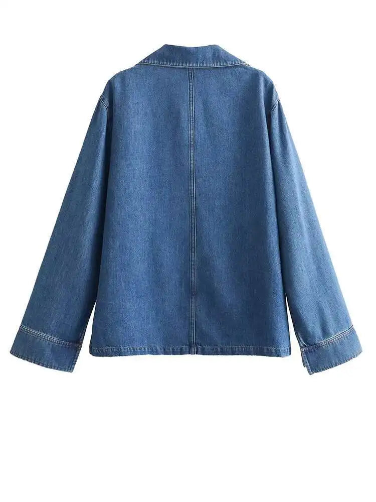 Big Size Blue Denim Shirt & Wide Leg Pants Two-Piece Suit for Women - Lapel Long Sleeve Fashion Outfit for Spring/Autumn 2025 (Style 1DH6390) | Perfect for Office Wear, Casual Outings & Special Occasions