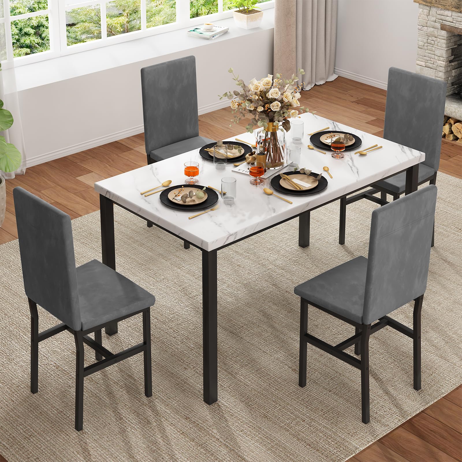 Modern 5-Piece Dining Table Set for 4 with Faux Marble Top & Velvet Chairs - Space Saving Kitchen Table and Chairs for Small Spaces, Apartments (Grey) | Perfect for Breakfast Nooks, Studio Apartments & Cozy Dining Areas
