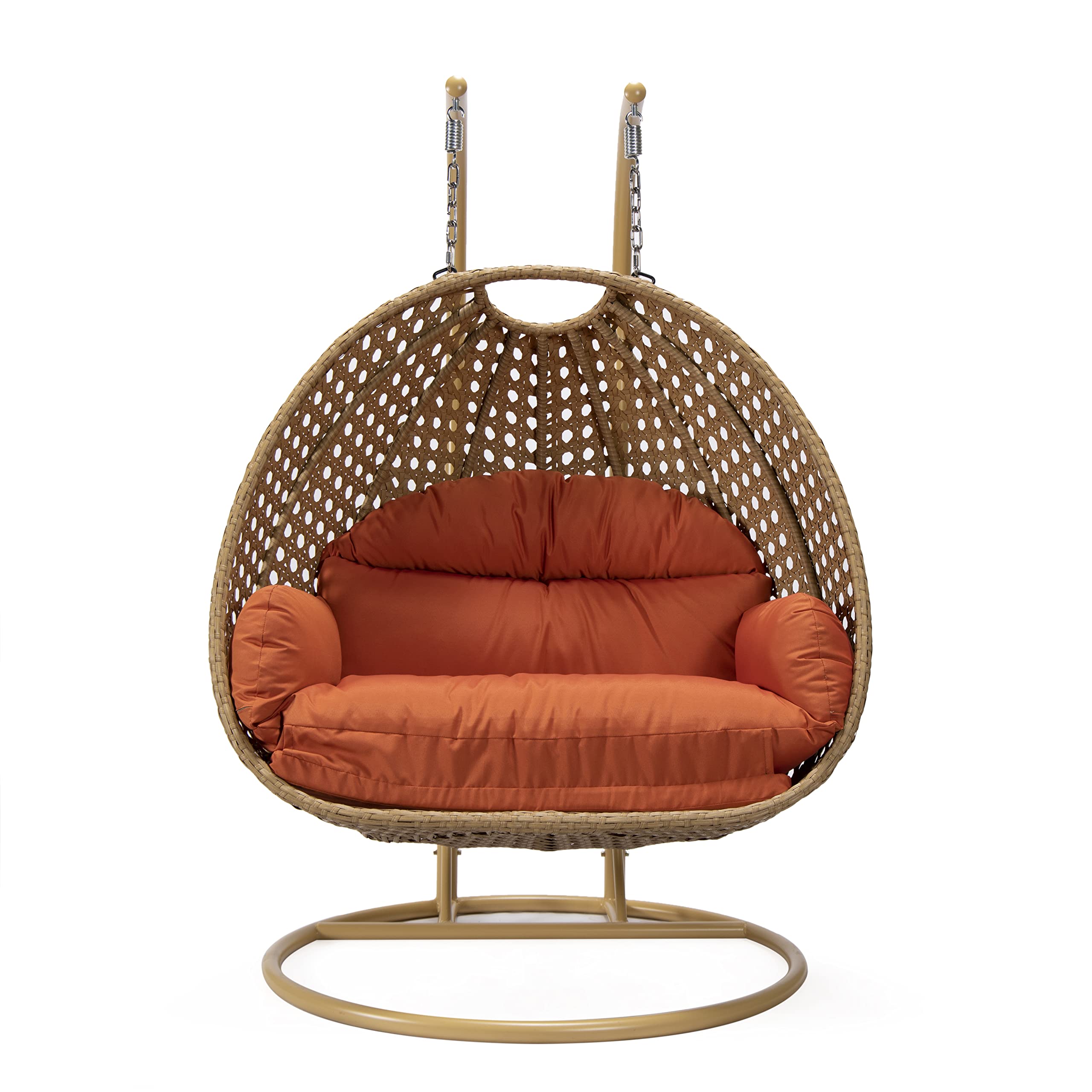 LeisureMod Mendoza Light Brown Wicker 2-Person Patio Hanging Egg Chair with Stand & Cushions - Indoor/Outdoor Swing for Garden, Porch, Backyard (Orange) | Perfect for Relaxing, Reading & Lounging