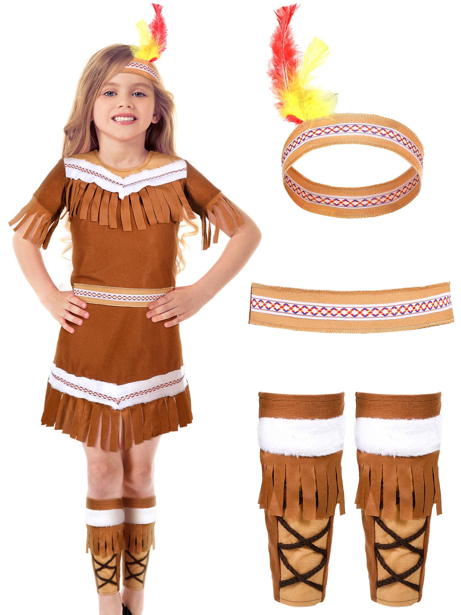 5 Pcs Native American Costume Set for Girls - Brown Indian Princess Outfit for Kids Halloween, Thanksgiving, Cultural Events & Dress-Up Play