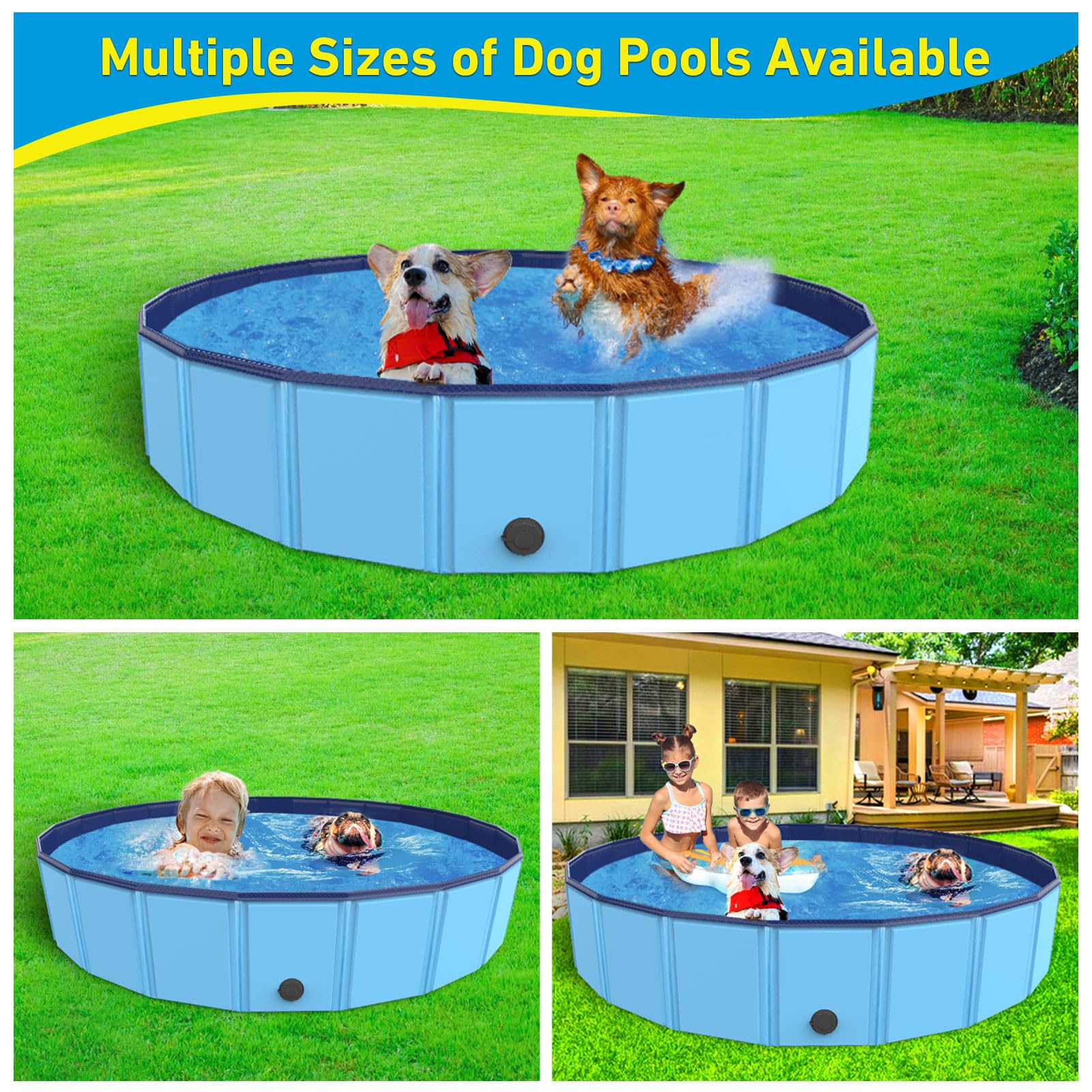 Foldable Dog Pool - Portable PVC Pet Swimming & Bathing Tub with Drainage for Dogs, Cats & Kids (63