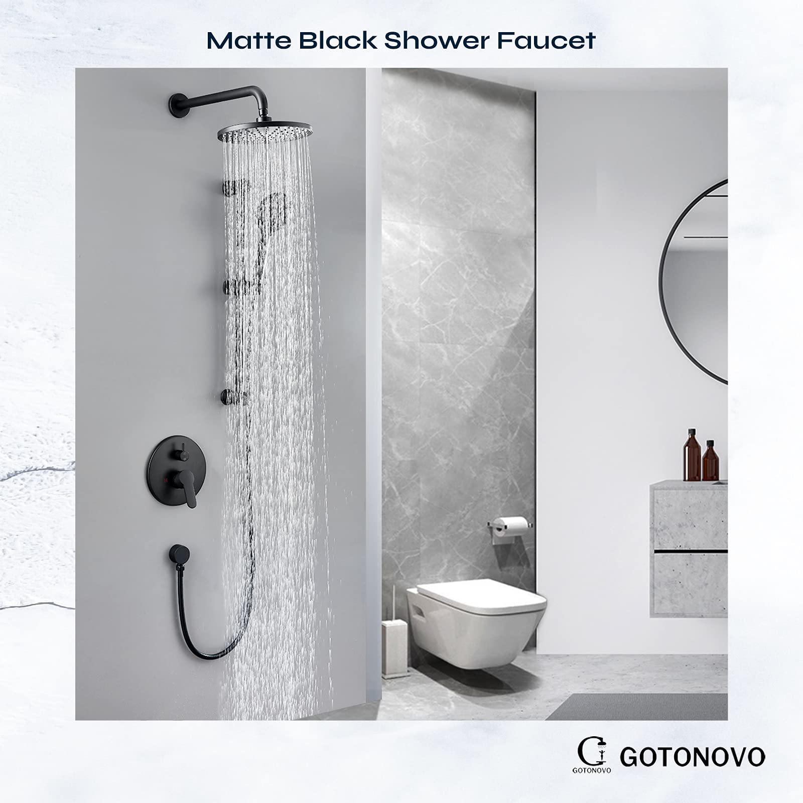 Premium Matte Black Shower System - 10 Inch Rainfall Shower Head, Wall Mounted Slide Bar & 3-Setting ABS Handheld Shower with Rough-in Valve - Modern Bathroom Shower Faucet Set for Spa-Like Experience at Home