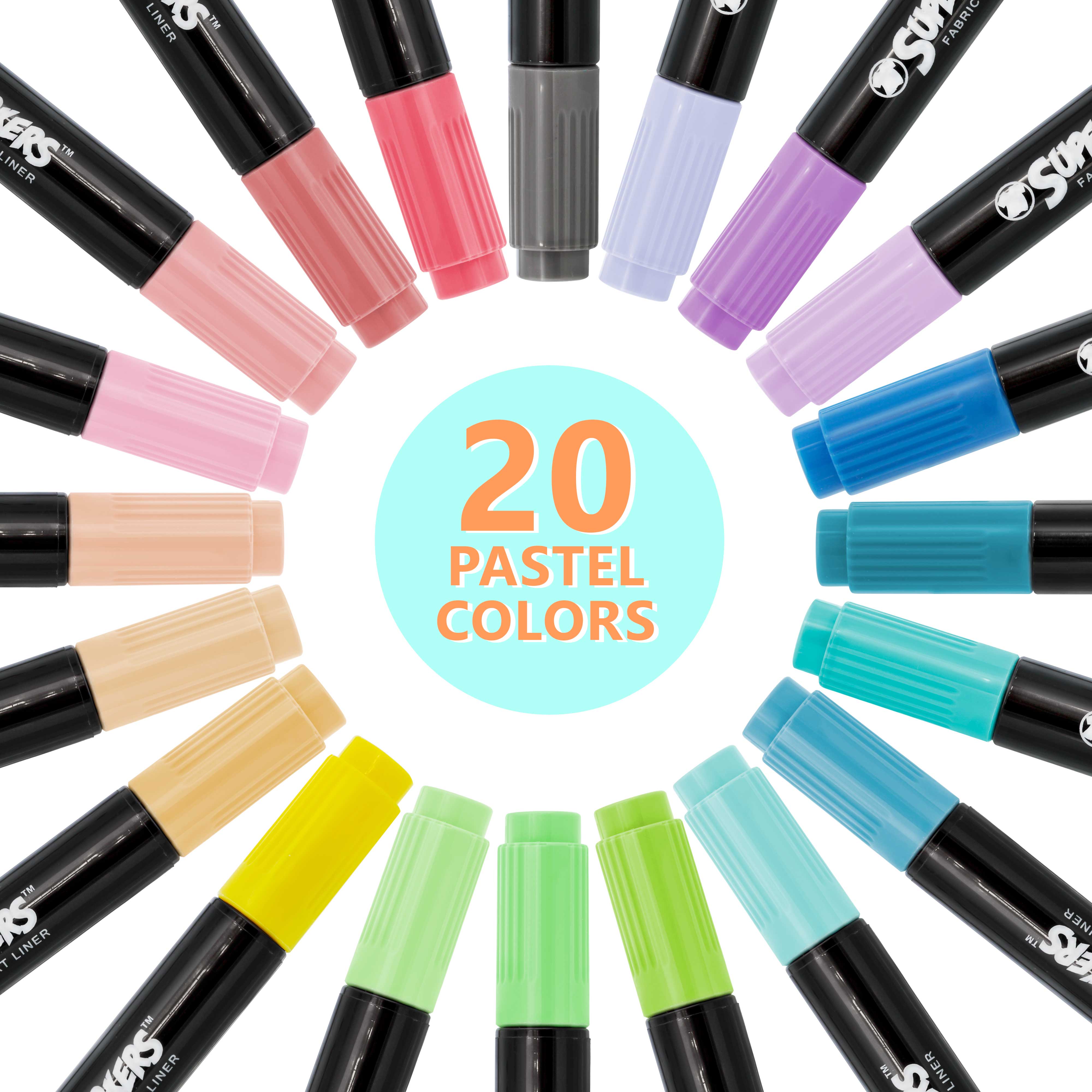 20 Unique Pastel Colors Dual Tip Fabric & T-Shirt Marker Set - Double Ended Fabric Markers with Chisel & Fine Point Tips - Bold Permanent Ink for DIY Crafts, Clothing Customization & Fabric Art Projects