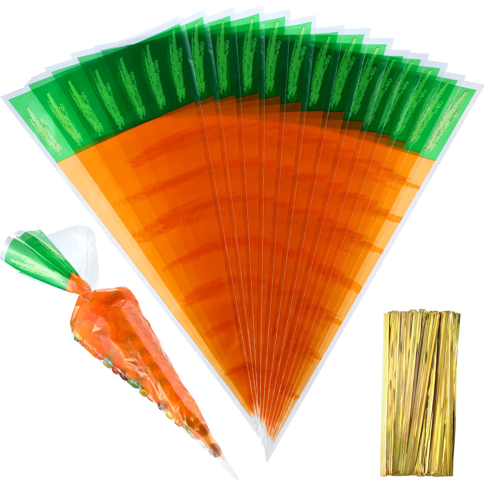 200 Counts Easter Carrot Patterned Cellophane Treat Bags with Gold Twist Ties - Party Favors for Easter Egg Hunts, Classroom Rewards & Holiday Gift Wrapping (200 Pieces)
