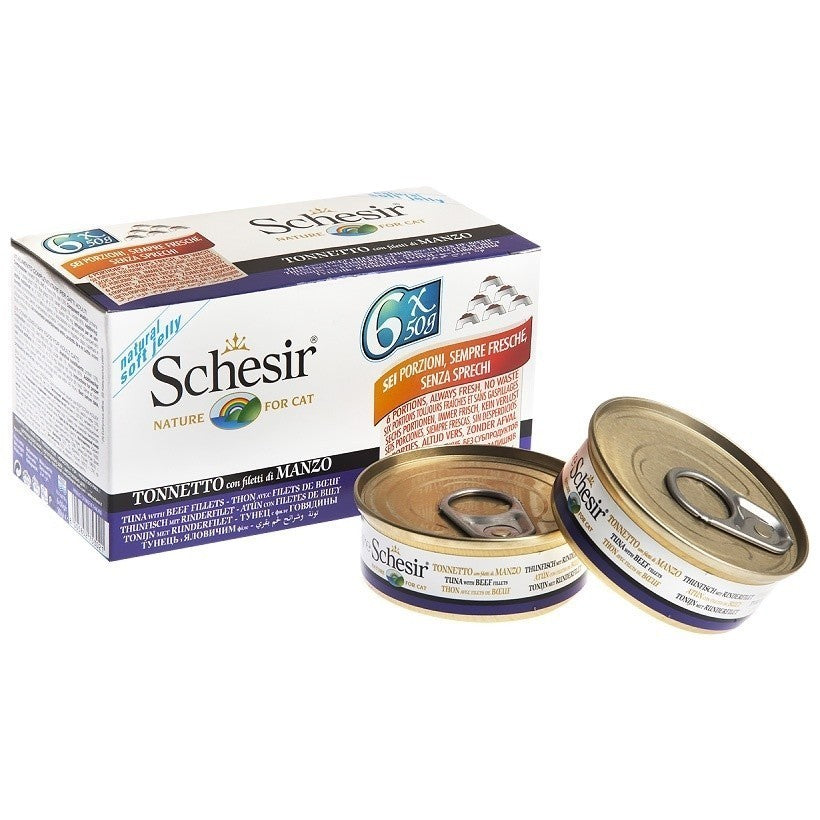 Premium Schesir Cat Wet Food Multipack (6x50g) - Tuna, Beef, Chicken & Seabass Flavors - Grain-Free, High Protein, Natural Ingredients for Adult & Senior Cats - Perfect for Mealtime, Travel & Treats