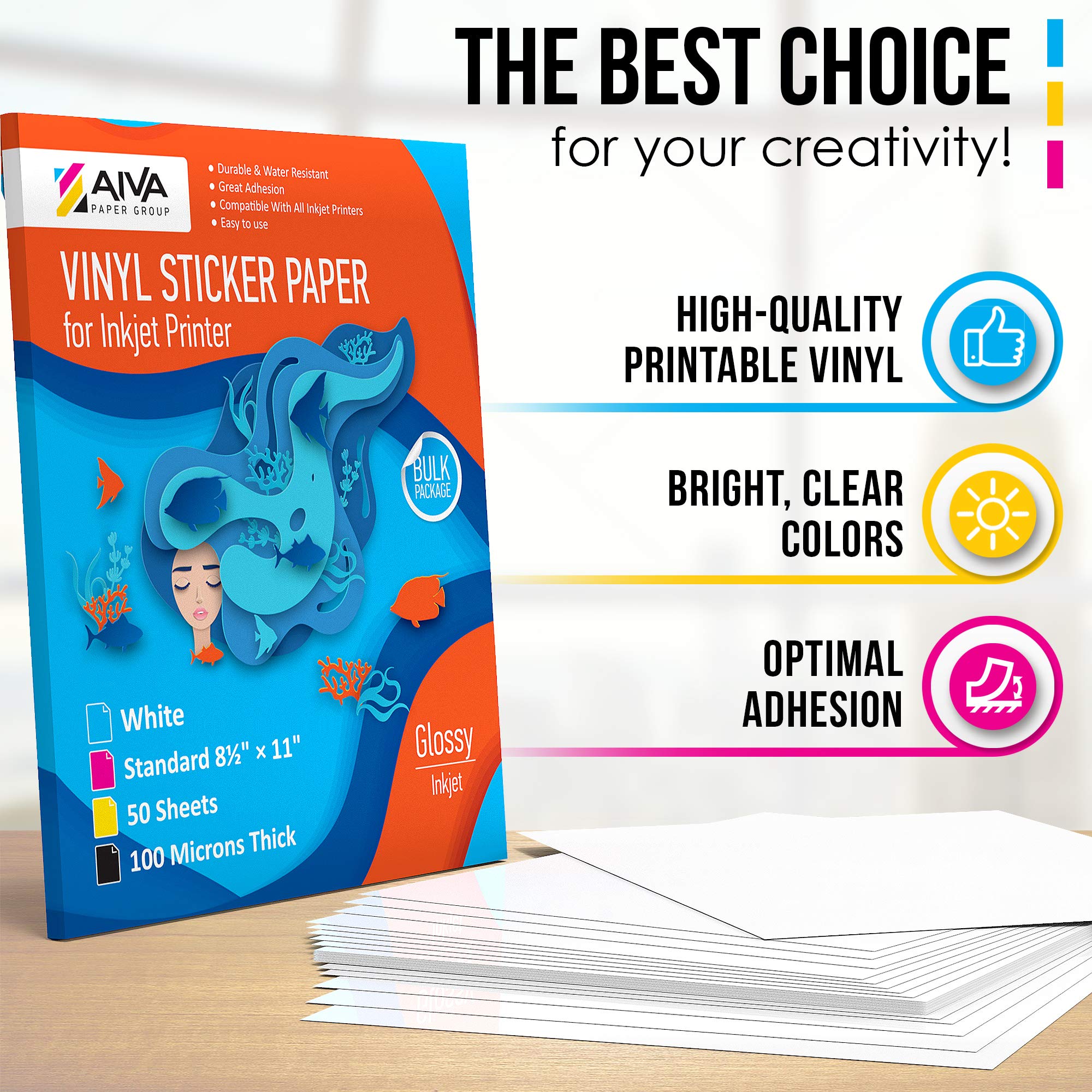 Waterproof Printable Vinyl Sticker Paper for Inkjet Printers - 50 Sheets Glossy White Self-Adhesive Decal Paper - 8.5