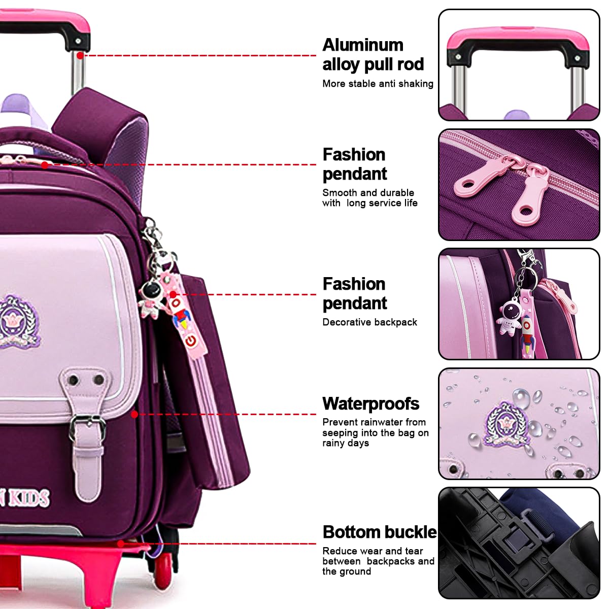 **Girls Rolling Backpack with Wheels - XL Purple School Backpack for Kids, Durable Trolley Luggage for Boys & Girls, Perfect for Travel, School & Daily Use**