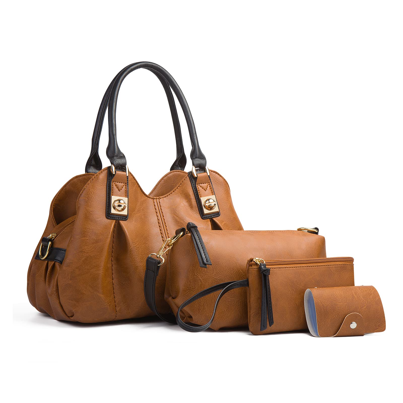 FANDARE Women's Handbags 4-Piece Set - Cloud Pleated Top Handle Shoulder Bag, Waterproof Soft Leather Crossbody Purse for Work, Travel, Office, Party & Shopping (Brown) | Perfect for Professional Women, Daily Commute & Weekend Outings