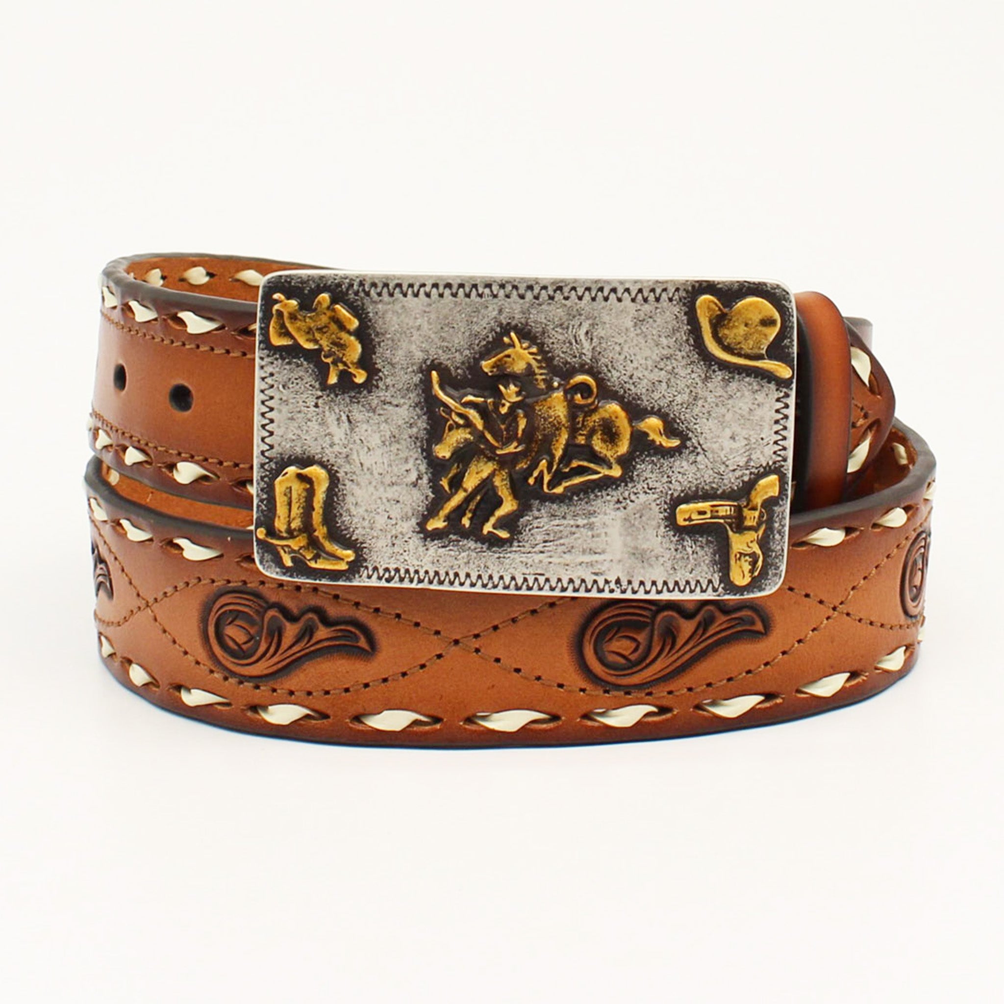 Angel Ranch Buck Stitch Rectangle Buckle Belt - Genuine Leather Western Style Belt for Men & Women - Perfect for Cowboy Boots, Jeans & Western Outfits