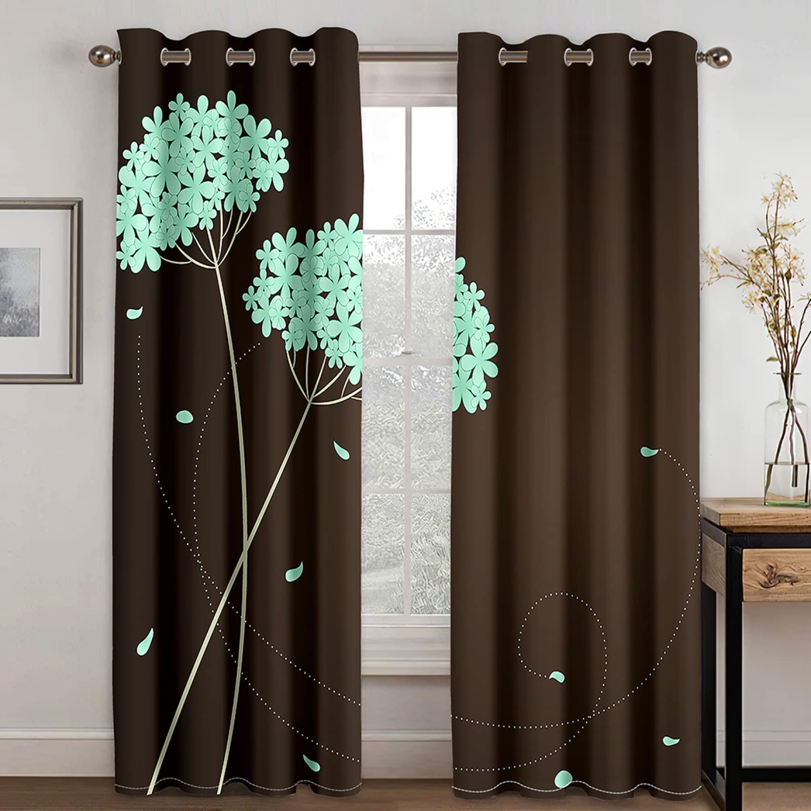 Blackout Grommet Window Curtains with 3D Green Floral Print - Thermal Insulated Room Darkening Drapes for Bedroom, Living Room & Kitchen - 2 Panels (118