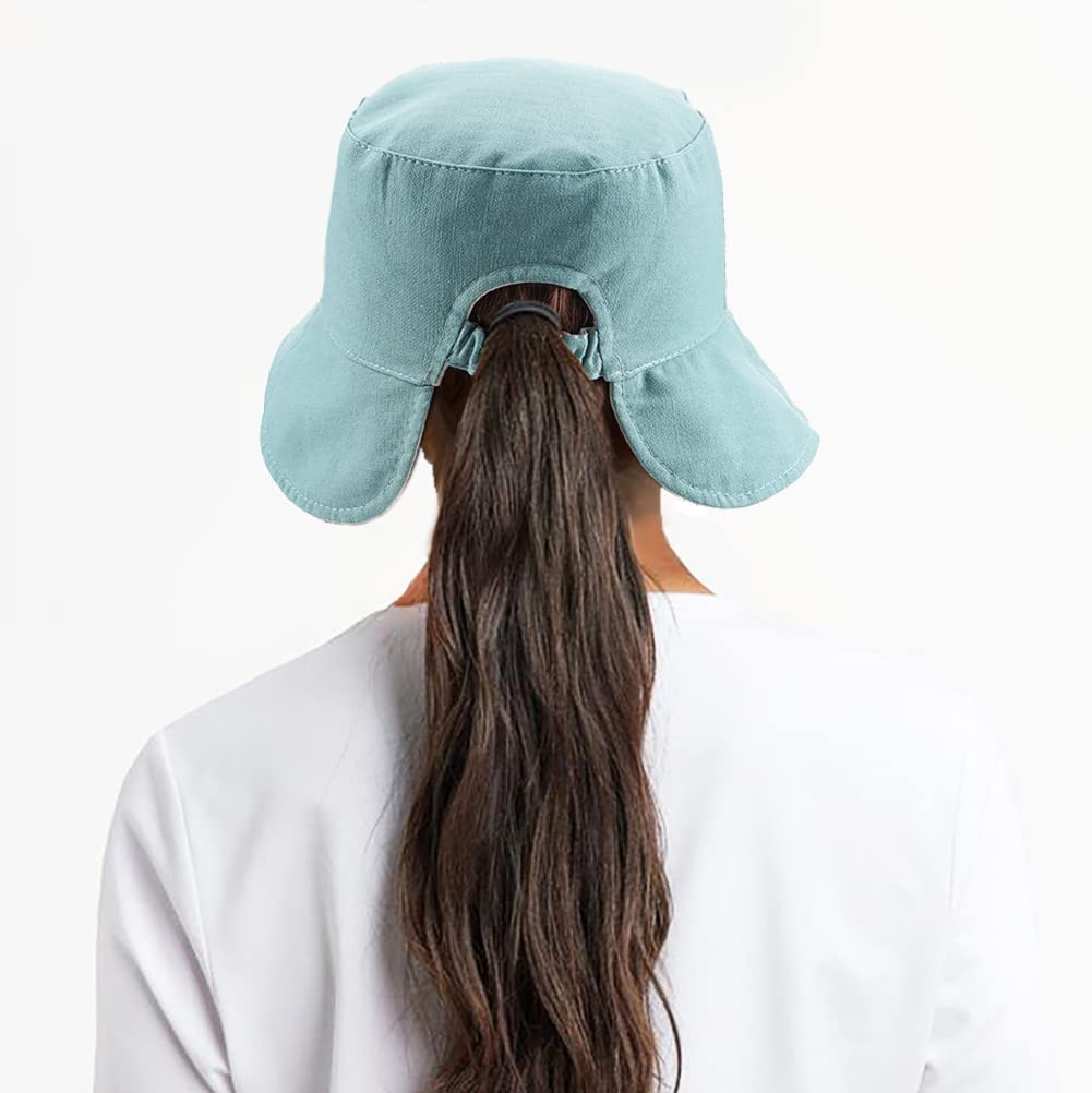 Women's Ponytail Sun Bucket Hat - UV Protection Beach Cap & Fisherman Hat for Outdoor Activities, Summer Vacations, and Gardening