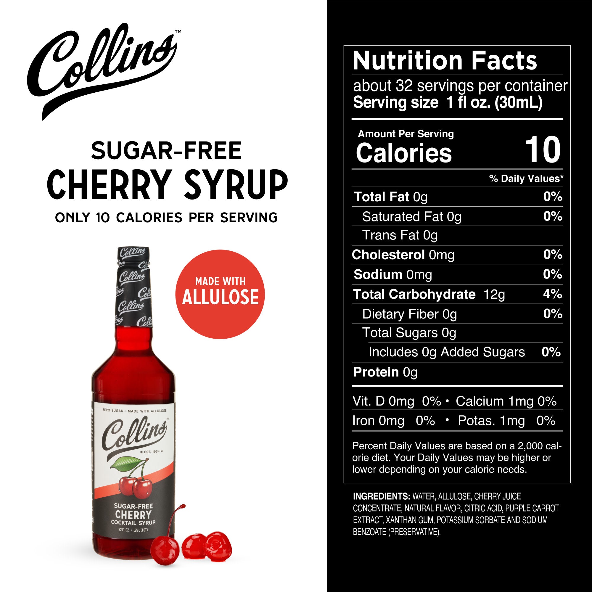 Sugar Free Cherry Syrup - 32 oz Bottle | All-Natural Cherry Flavoring for Drinks, Desserts & Cocktails | Perfect for Diabetics, Keto & Low-Carb Diets
