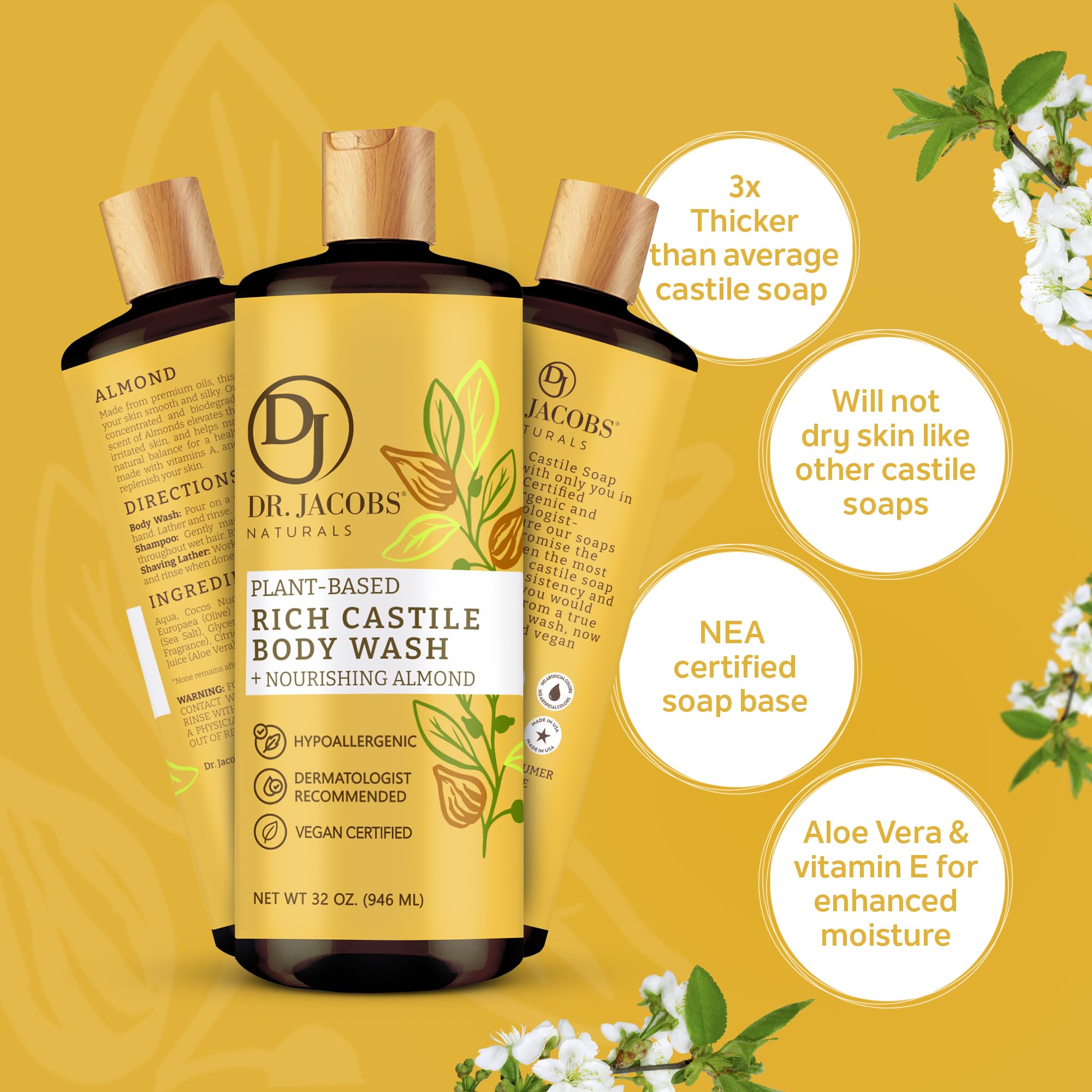 Dr. Jacobs Naturals Pure Castile Liquid Soap - Organic Almond Honey Face & Body Wash for Sensitive Skin, 32oz | Vegan, Cruelty-Free & Chemical-Free | Perfect for Shower, Bath & Hand Washing