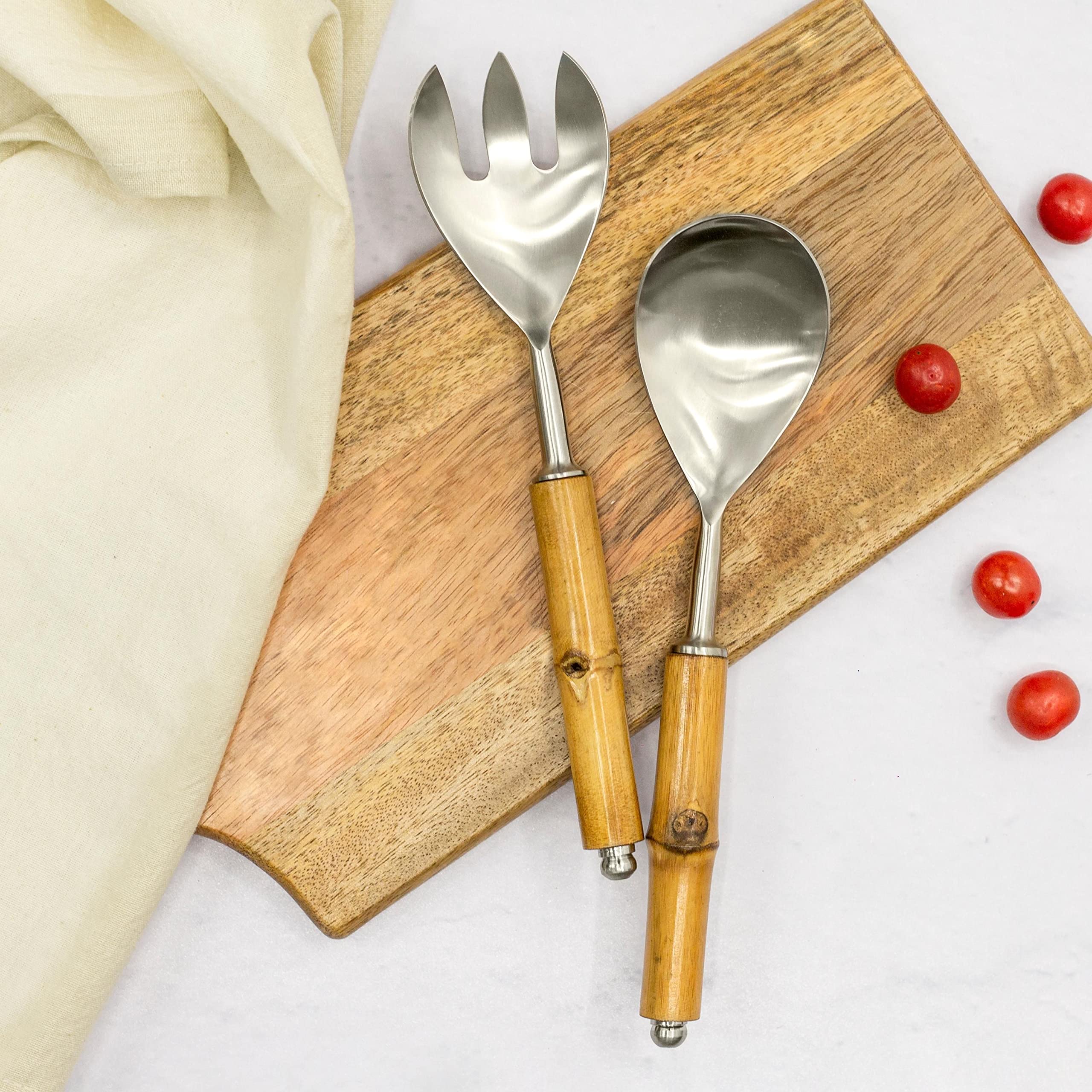Folkulture Stainless Steel Salad Servers Set - 12 Inch Tongs, Spoon & Fork with Bamboo Handle for Modern Cooking (Silver) - Perfect for Salad Bars, BBQs, and Dinner Parties