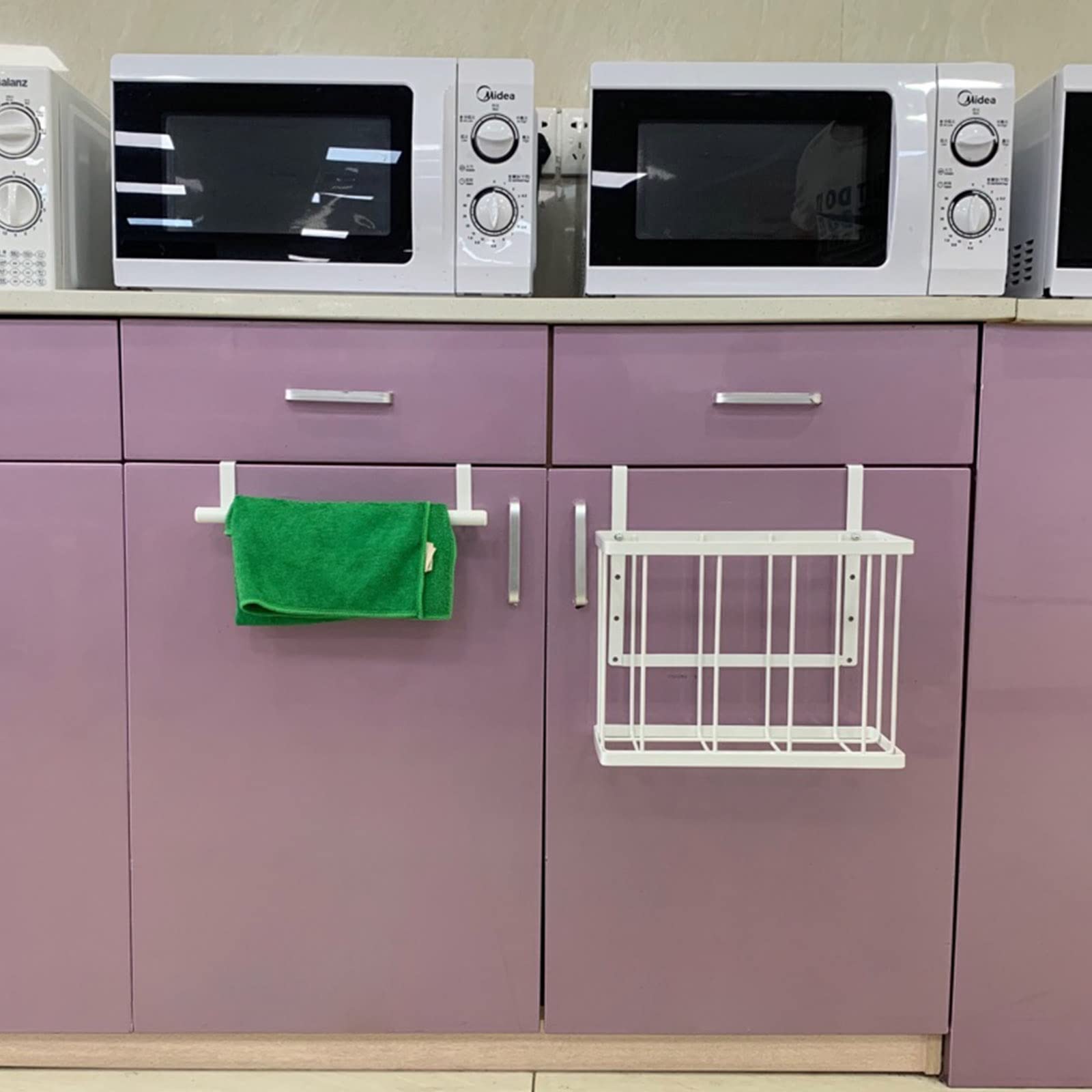 uxcell 2-Pack White Metal Wire Cabinet Door Organizer with Towel Bar & Hooks - Over Cabinet Storage Basket for Kitchen, Pantry, Bathroom - Perfect for Cutting Boards, Spices, and Cleaning Supplies