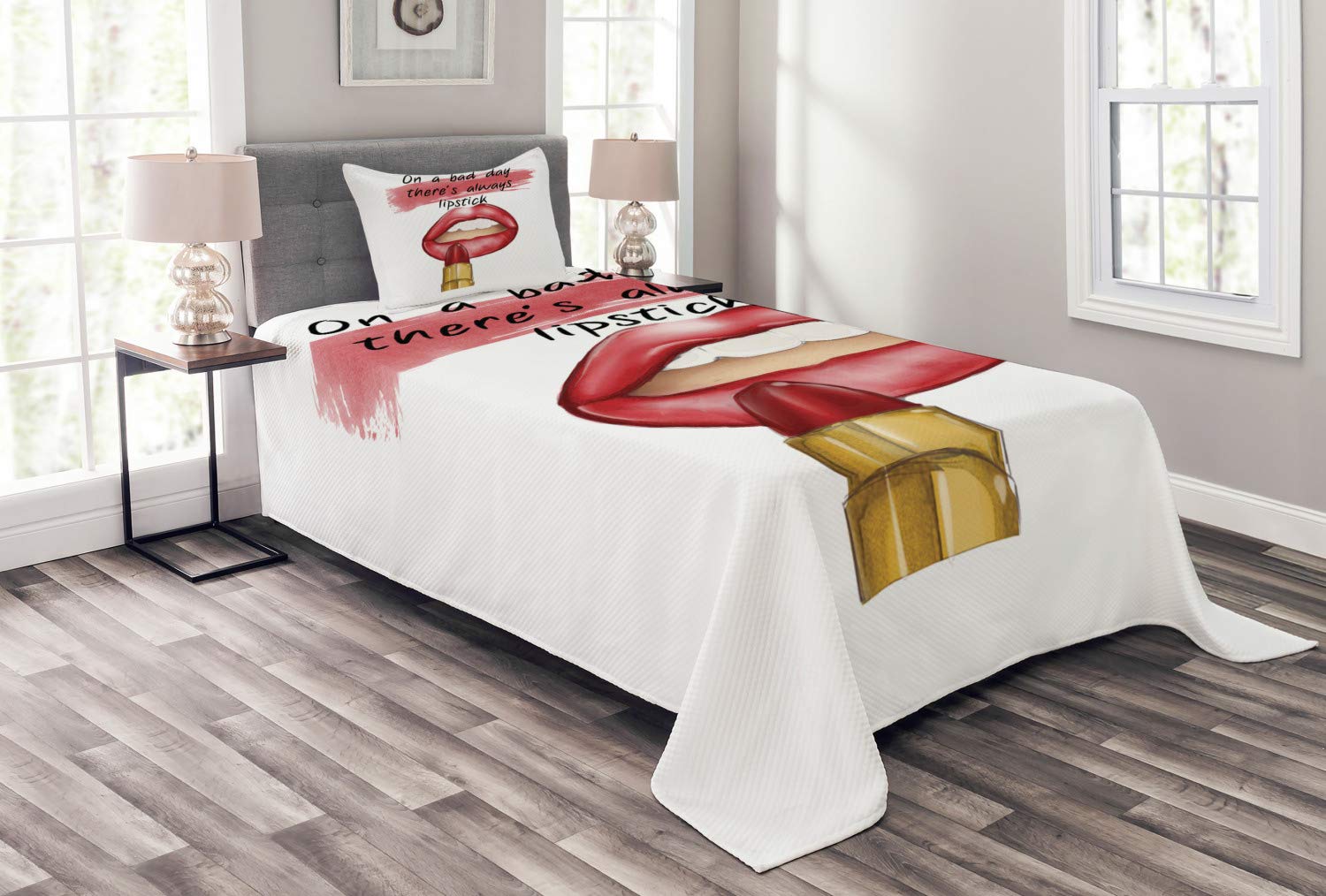 Ambesonne Fashion Bedspread Set - Inspirational Bad Day Makeup Words & Sensual Beauty Print, 3-Piece Decorative Bedding Coverlet with 2 Pillow Shams, Twin Size, White & Coral | Perfect for Teen Girls' Bedroom, Dorm Room Decor & Gift Ideas