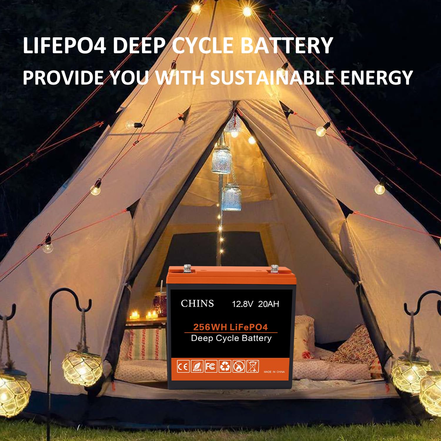 CHINS LiFePO4 Battery 12V 20AH Deep Cycle Lithium Battery with Built-in 20A BMS - 2000~5000 Cycles, Replacement for Backup Power, Fish Finder, RV, Solar System - Ideal for Camping, Marine, Off-Grid & Emergency Power Supply