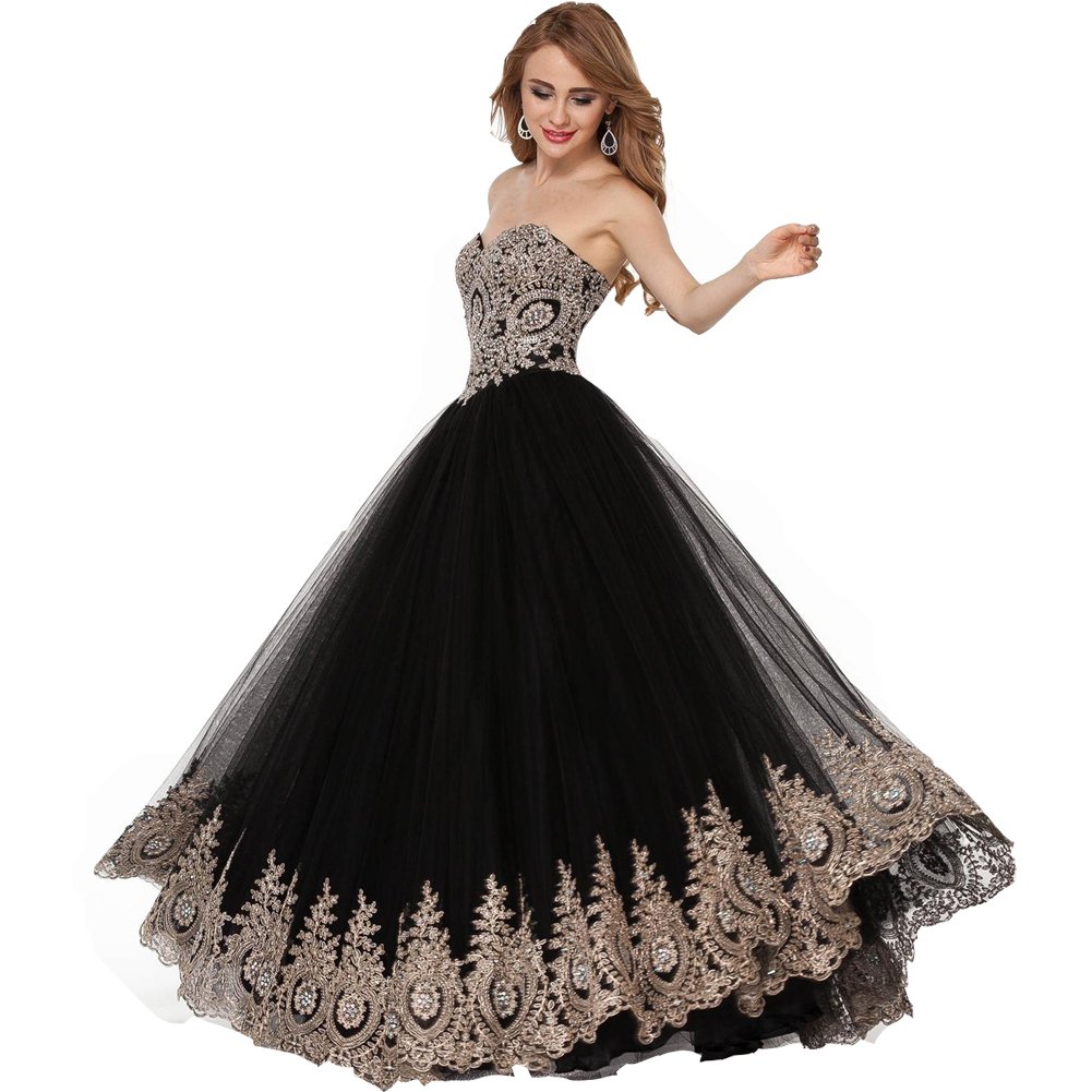 Elegant Black Tulle Gold Lace Crystal Corset Prom Evening Dress - Long Formal Gown for Homecoming, Wedding, Ball, and Special Occasions