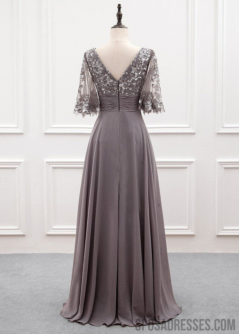 Elegant Grey A-Line Half Sleeve Lace Applique Chiffon Bridesmaid Dress WG1019 - Perfect for Weddings, Formal Events & Special Occasions
