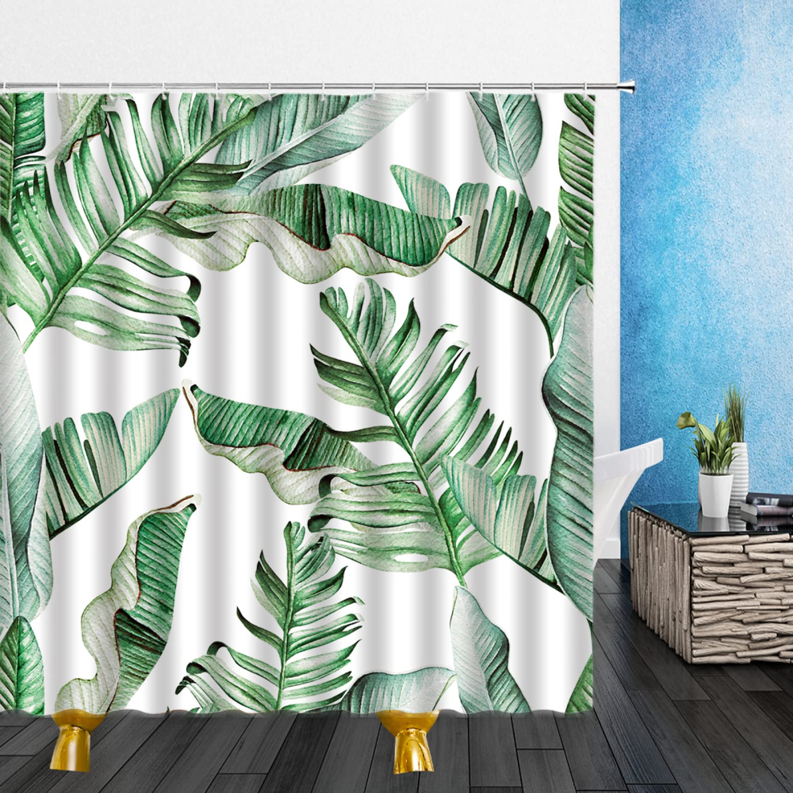 Extra Long Waterproof Shower Curtain 59x71 Inch - Tropical Green Leaves Printed Polyester Bathroom Decor for Modern Homes | Perfect for Spa, Guest Bathrooms & Coastal Themed Spaces