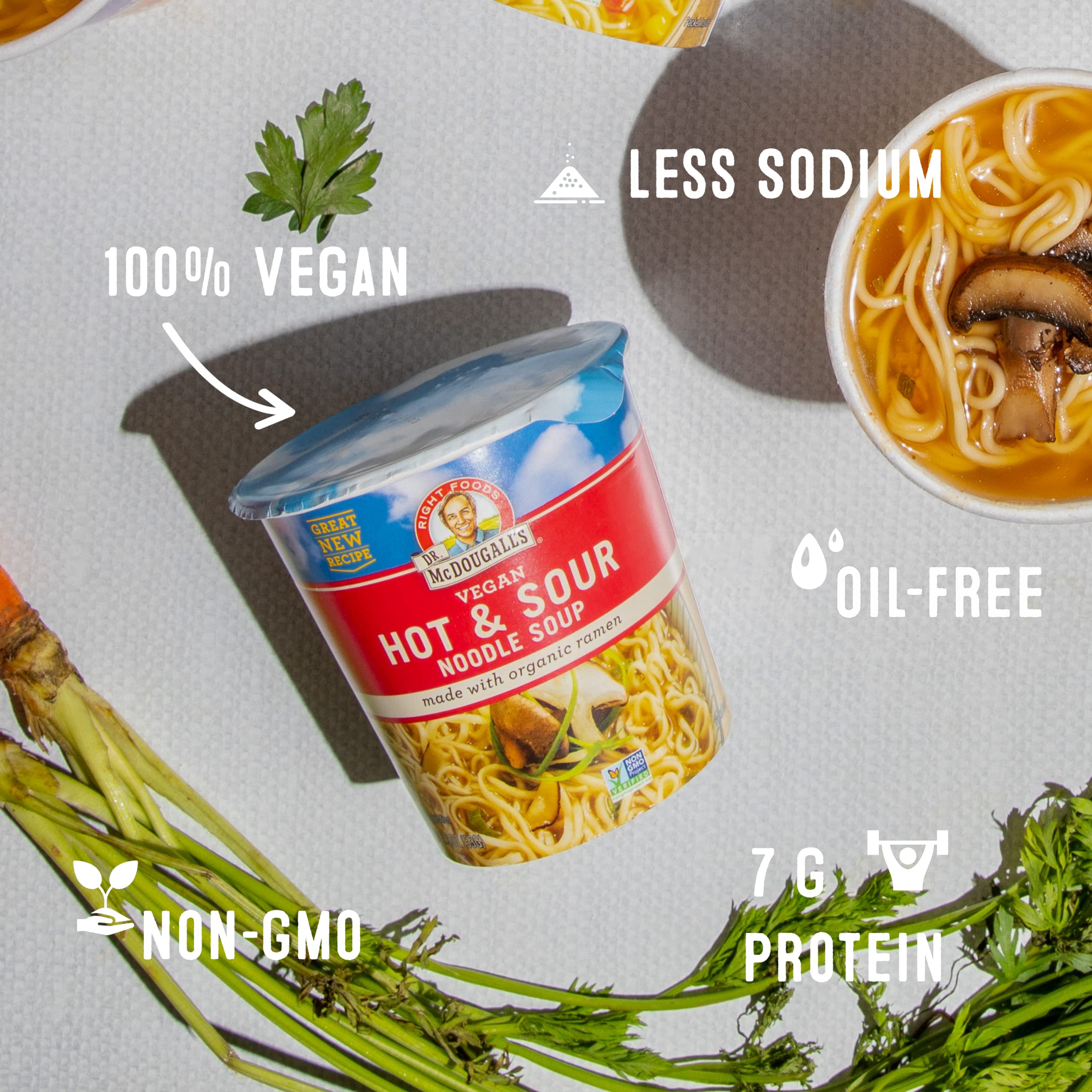 Dr. McDougall's Right Foods Vegan Hot and Sour Ramen Noodles - 12 Pack (1.9 oz Cups) | Instant Vegan Ramen for Quick Meals, Office Lunches & Emergency Food Supply