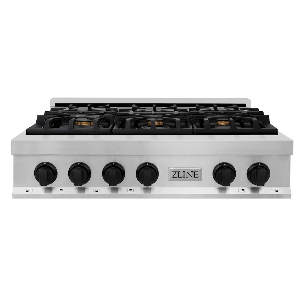 ZLINE RTZ 36 MB 36-Inch 6-Burner Gas Rangetop with Porcelain Cooktop - Stainless Steel & Matte Black Accents | Professional Chef-Grade Stove for Home Kitchens, Restaurants & Culinary Enthusiasts