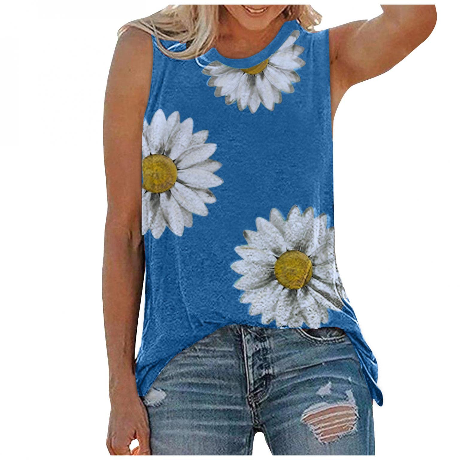 Women's 4th of July Tank Tops - Plus Size Summer Sleeveless Tunic Tee with Sunflower Print | Trendy Loose Casual Sky Blue Blouse for Beach, BBQ & Patriotic Celebrations