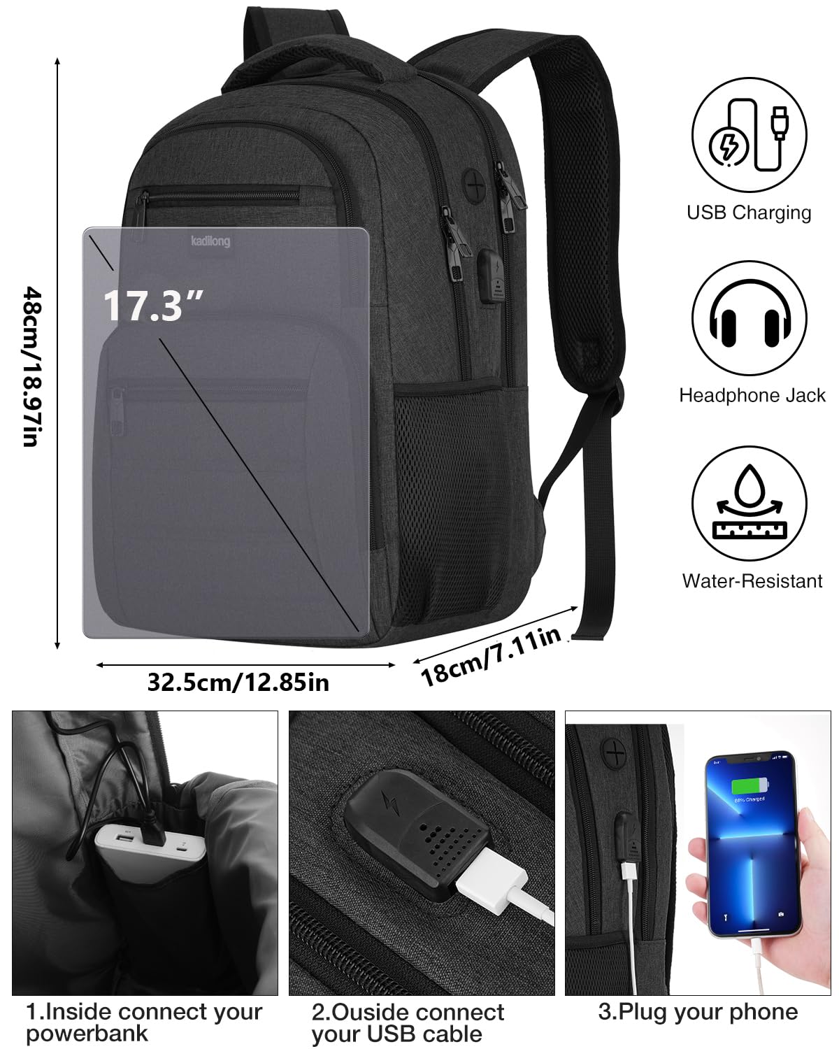17.3 Inch Men's Backpack with USB Charger - Durable School & College Book Bag for Teen Boys, Business & Workout - Black | Perfect for High School, College, Travel & Daily Commute