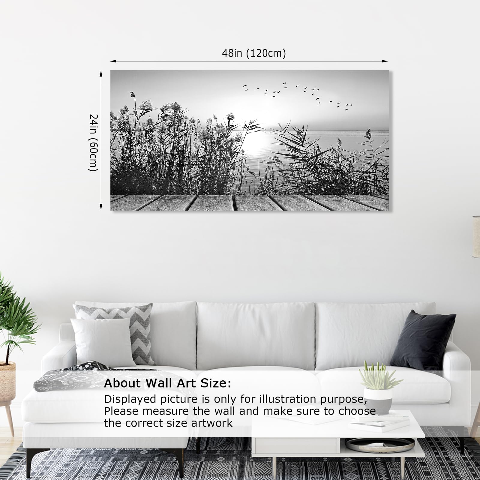 Sunset Lake Wall Art - Black & White Nature Canvas Print with Botanical Reeds & Flying Birds - Large 24x48 Inch Modern Home Decor for Living Room, Bedroom, Dining Room, Kitchen & Office - Perfect for Nature Lovers & Contemporary Interior Design