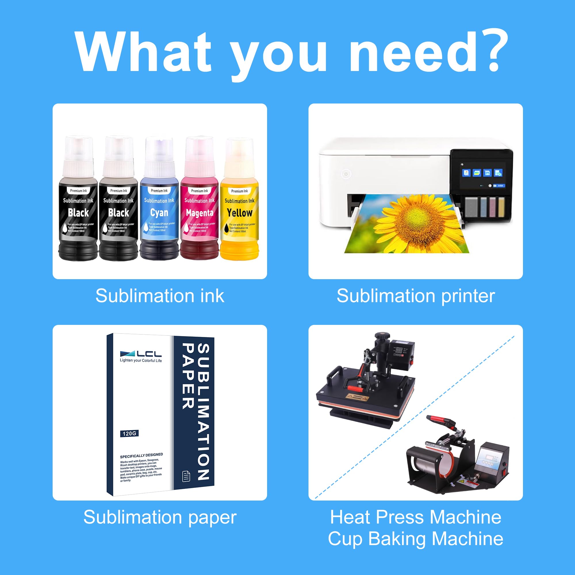 5x100ML Sublimation Ink Refill for Epson Printers - Heat Transfer for Mugs & T-Shirts