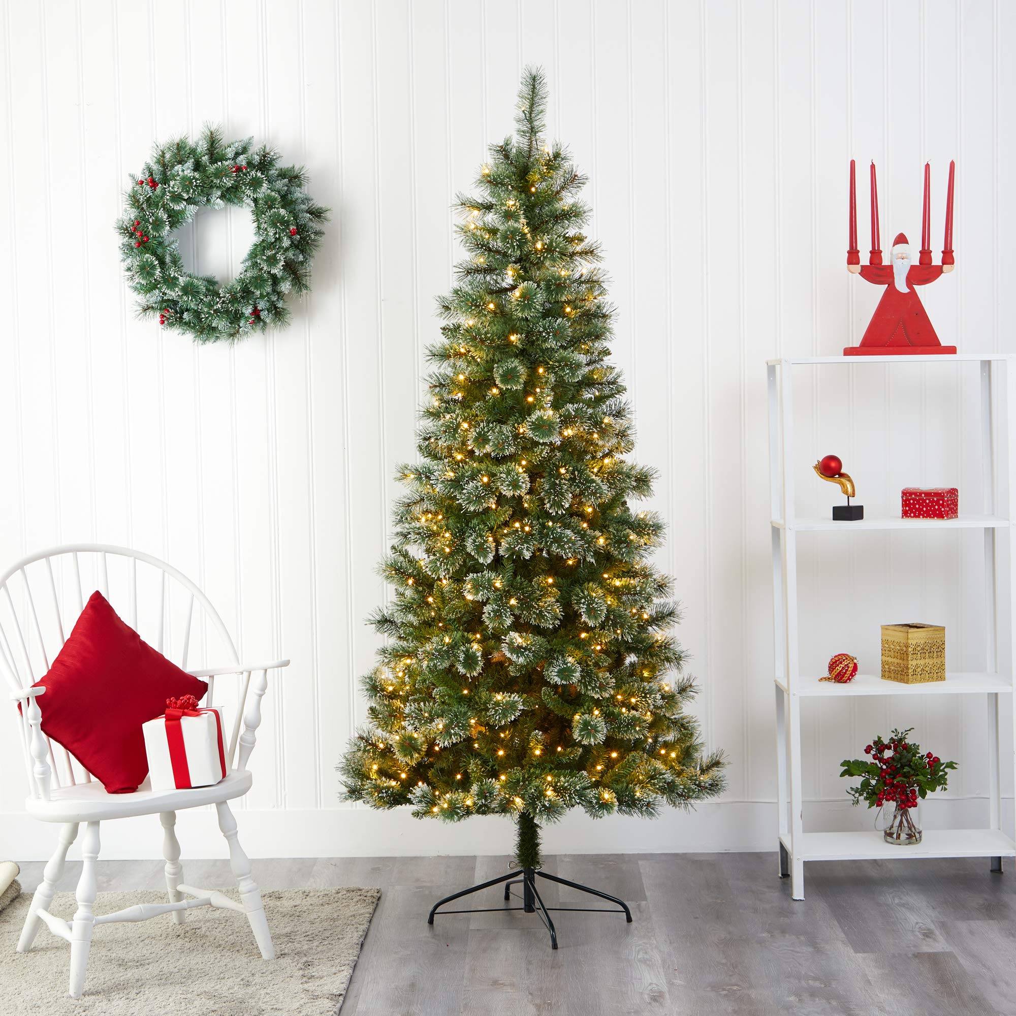 Nearly Natural 7ft Wisconsin Slim Snow Tip Pine Artificial Christmas Tree with 400 Clear LED Lights - Perfect for Holiday Home Decor, Office & Indoor Christmas Decorations