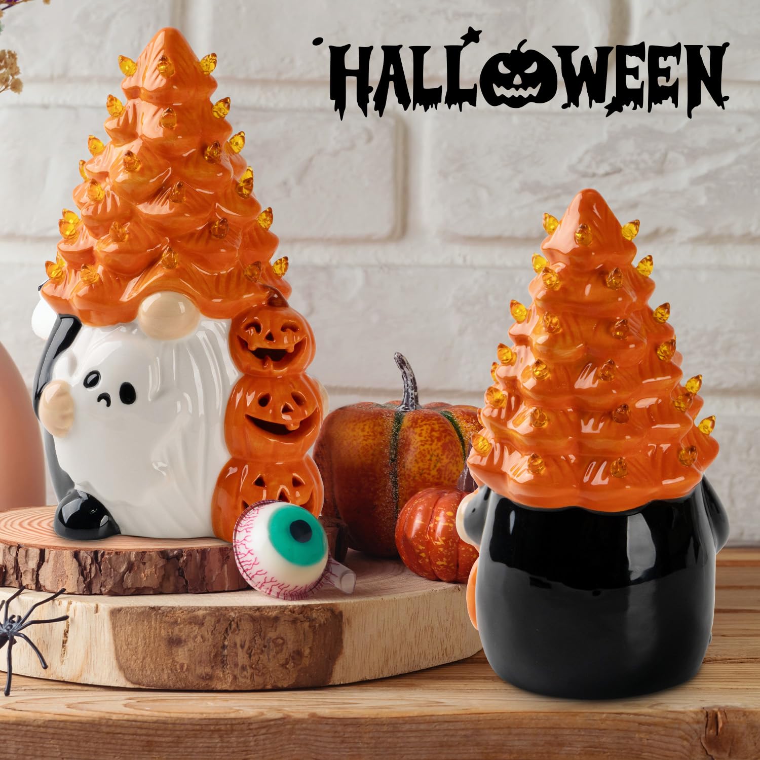 **Ceramic Gnome Halloween Decorations - Orange Pumpkin Gnome with LED Light, Black Table Centerpiece for Indoor Home & Bedroom Decor - Perfect for Halloween Parties, Fall Table Settings & Cozy Seasonal Displays**