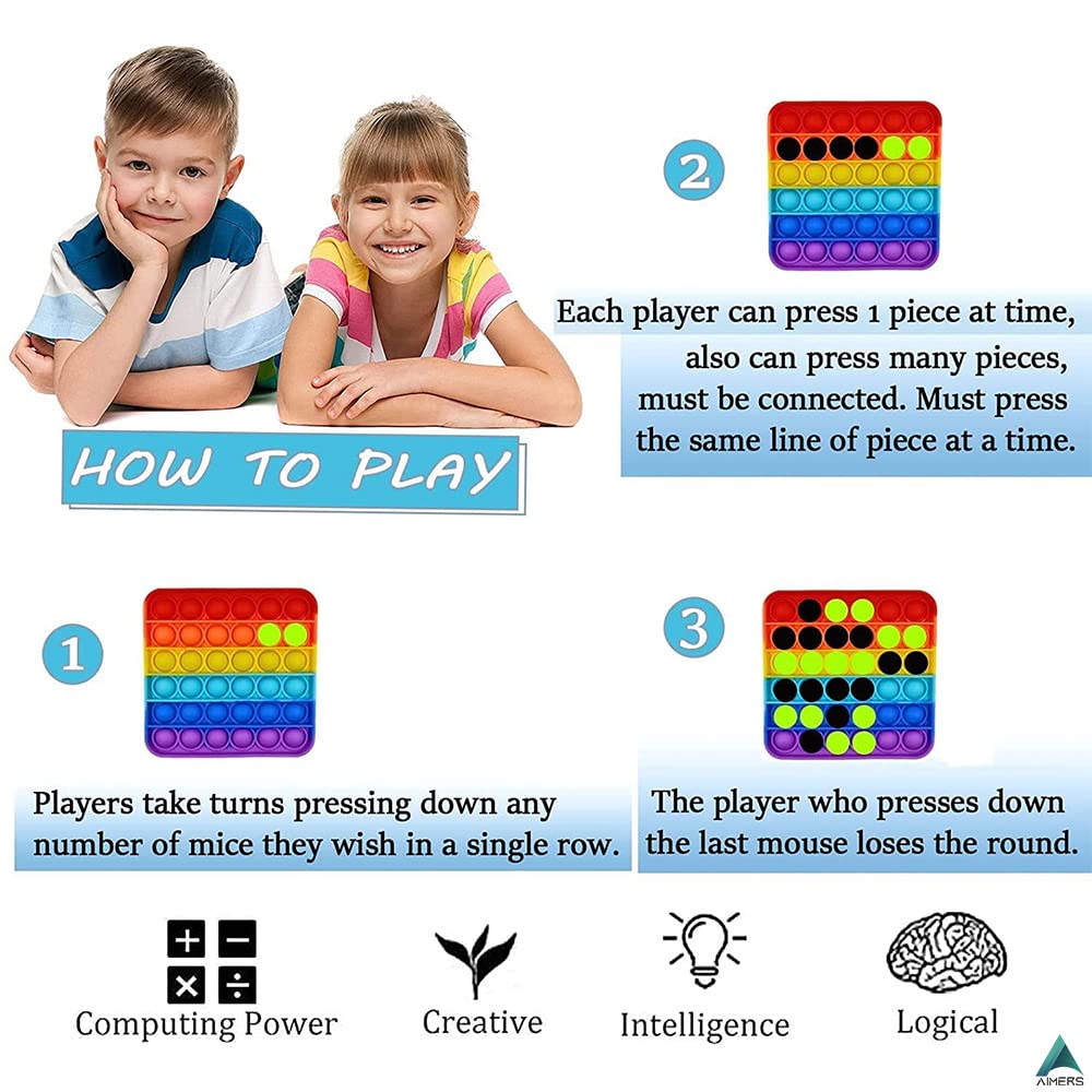 AIMERS 2 Pack Rainbow Pop Fidget Toys - Round & Square Push Bubble Sensory Toys for Stress Relief, Anxiety & Focus - Fun Popper Fidget Gadgets for Kids, Teens & Adults - Perfect for Home, Office & Classroom Use