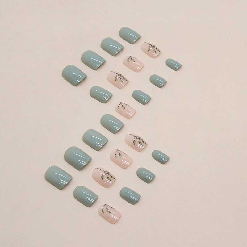 24 PCS Green Leaf Press on Nails - Short Square Glossy Fake Nails with Pink Acrylic & Leaf Designs - Reusable Full Cover False Nails for Women & Girls - Perfect for Manicure, Parties, Weddings & Daily Wear