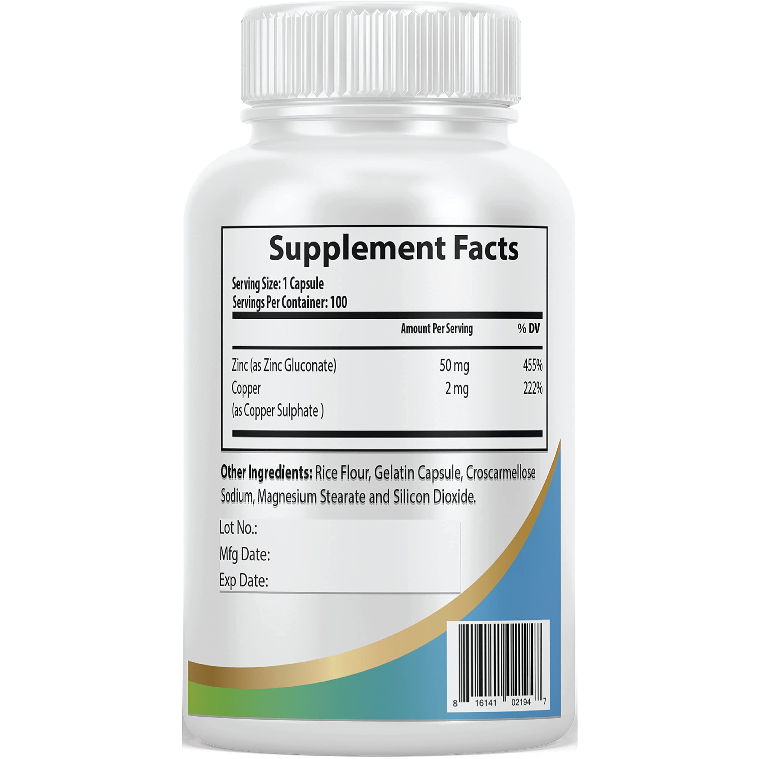 Premium Zinc & Copper Supplement (100 Capsules) - 50mg Zinc Gluconate & 2mg Copper Sulfate for Immune System Support - Gluten Free, Non-GMO - Supports Energy, Metabolism & Overall Wellness