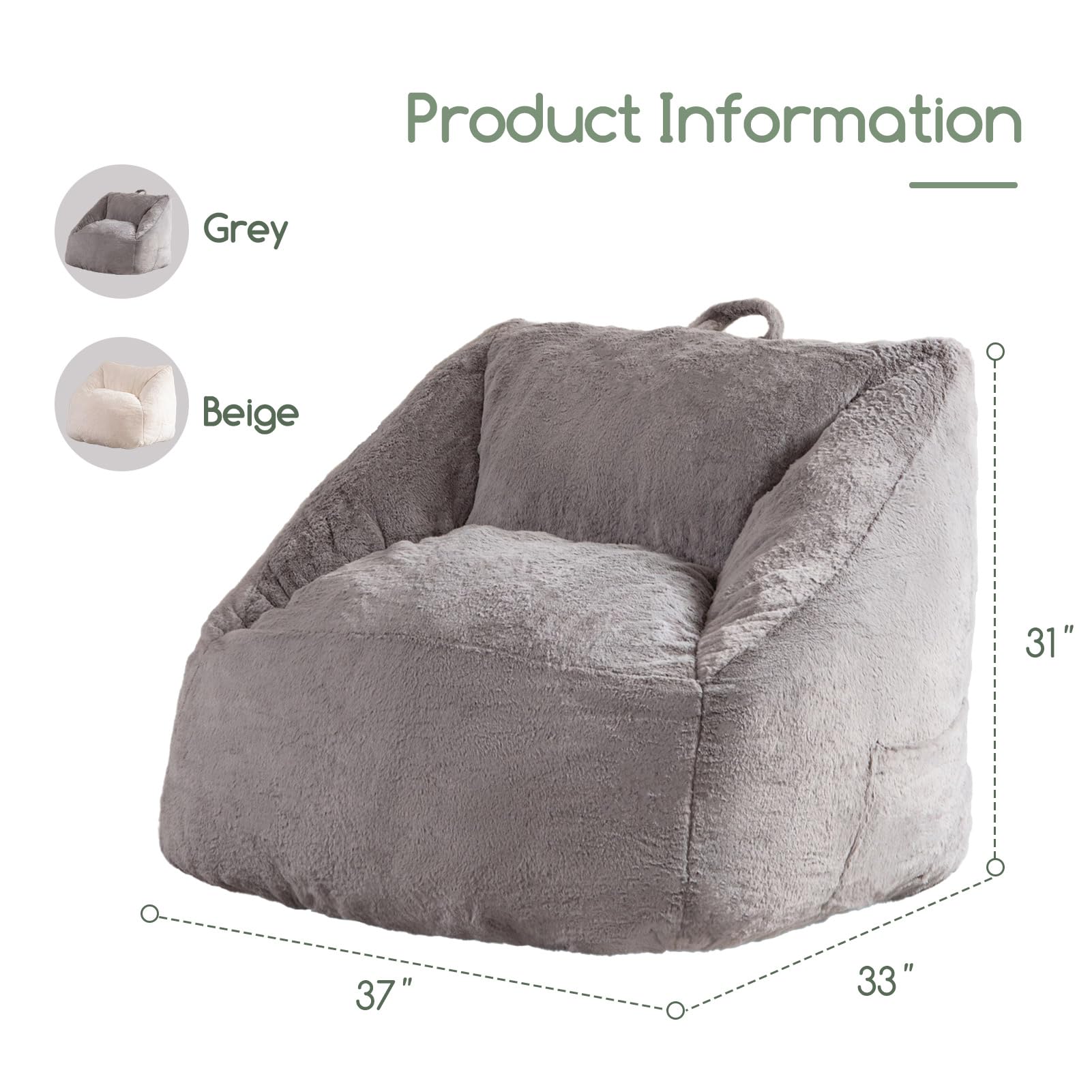 MAXYOYO Bean Bag Chair for Adults, Kids & Teens - Soft Floor Sofa with Handle for Gaming, Reading & Relaxing - Grey - Perfect for Living Room, Bedroom & Game Room