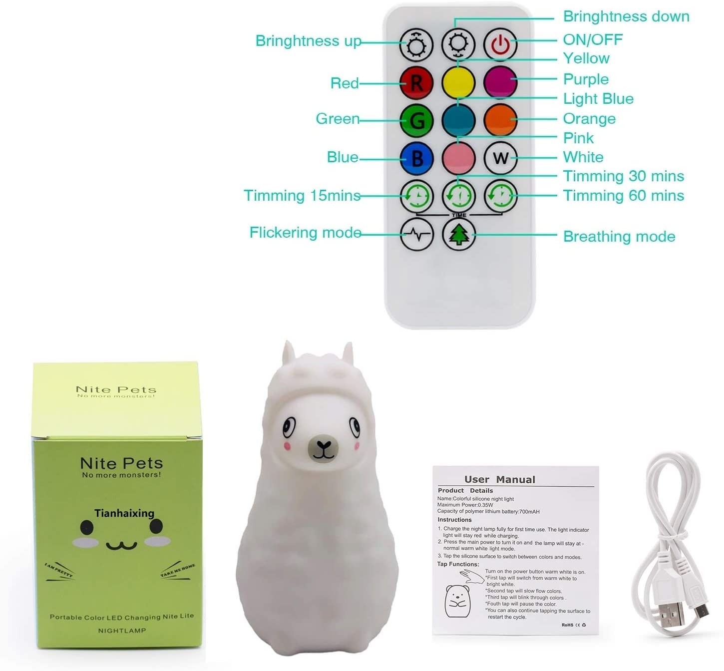 Rechargeable Alpaca Night Light for Kids - Soft Silicone LED Bedside Lamp with Adjustable Brightness & Colors, Touch & Remote Control - Perfect for Nursery, Bedroom, and Sleep Aid