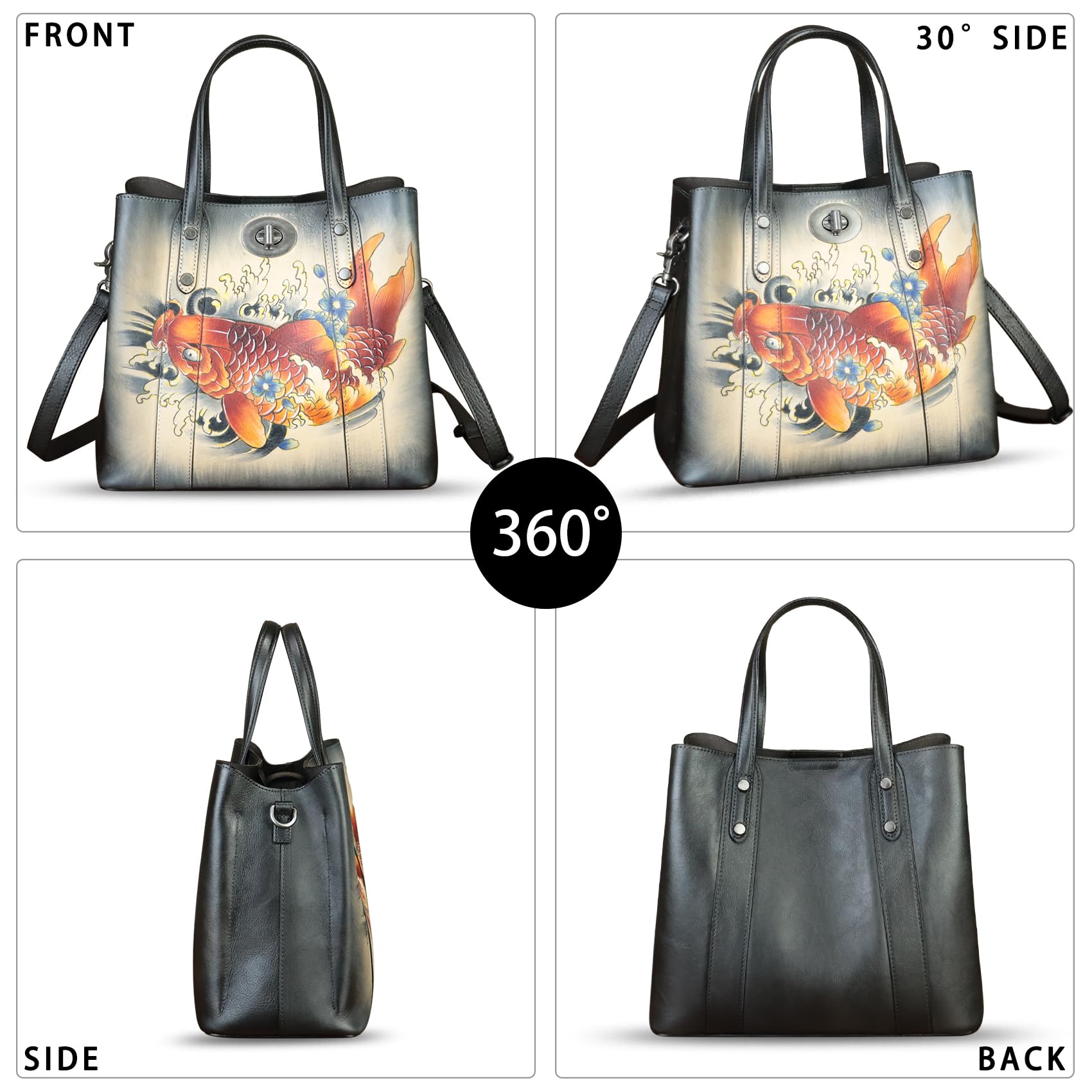 Genuine Leather Handbag for Women - Handcrafted Satchel Tote Bag with Hand-Painted Design, Casual Shoulder Purse for Work, Travel & Everyday Use