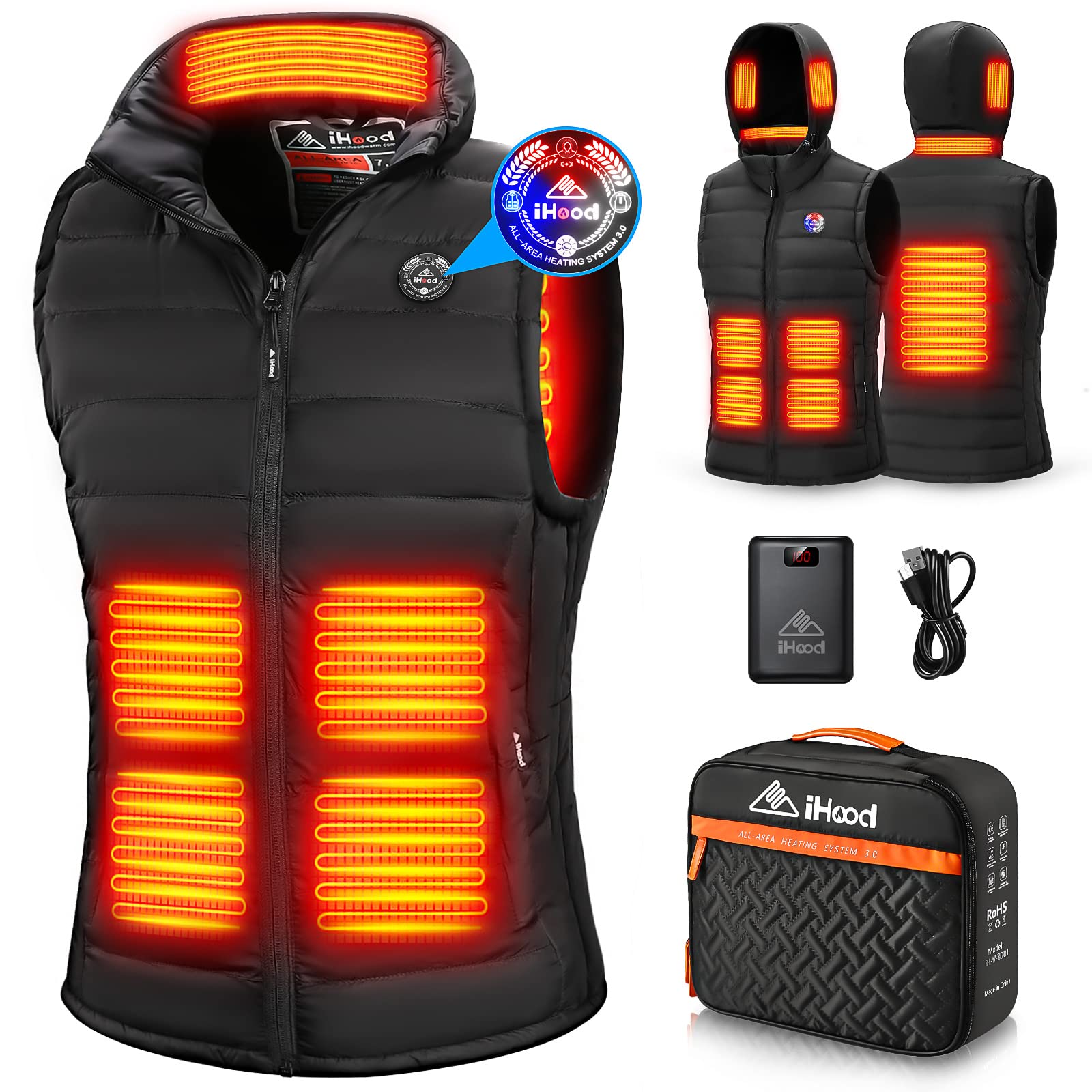iHood Women's Heated Vest with Battery Pack - Washable Electric Heated Jacket with Retractable Hood for Outdoor Activities, Winter Sports & Cold Weather