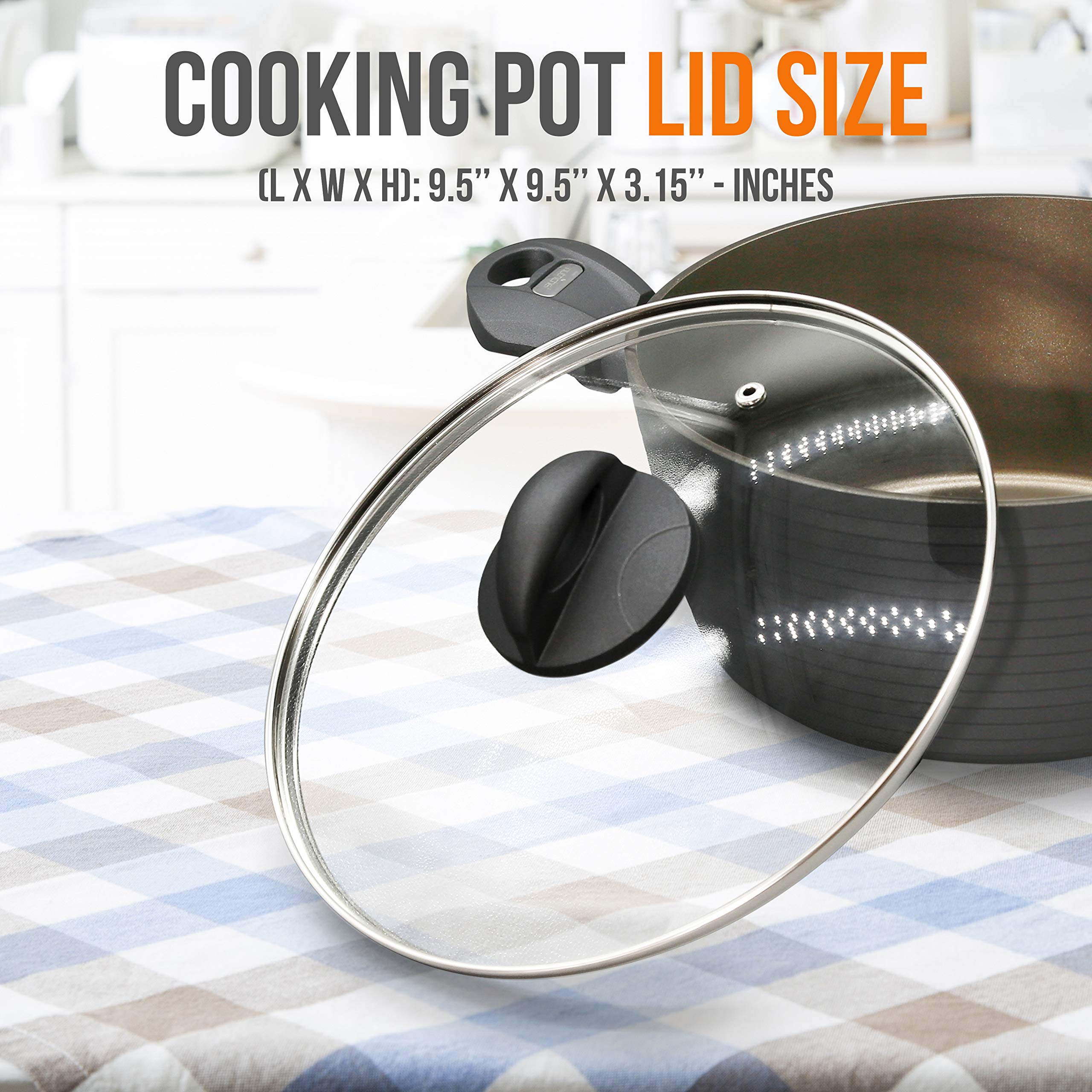 NutriChef Durable Dutch Oven Pot Lid - 9.5 Inch Tempered Glass Cover, Oven & Dishwasher Safe, Fits Model NCCW12S - Perfect for Slow Cooking, Baking & Serving Dishes