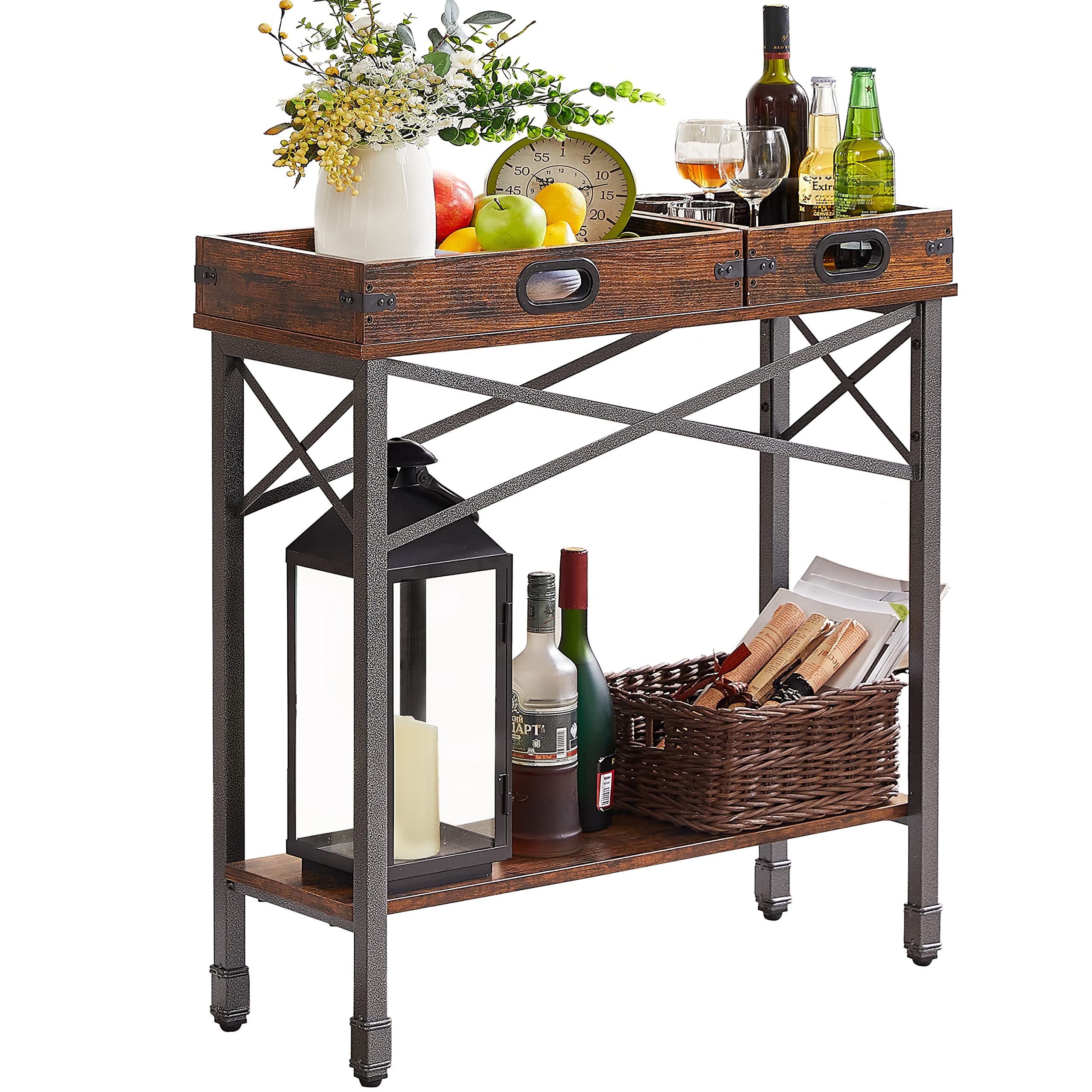 VECELO Industrial Console Table with 2 Removable Trays - Kitchen Island Entryway Table with Open Storage Shelf & Large Worktop - Sturdy X-Shaped Metal Frame in Antique Brown - Perfect for Farmhouse Kitchen, Dining Room Buffet or Entryway Organizer