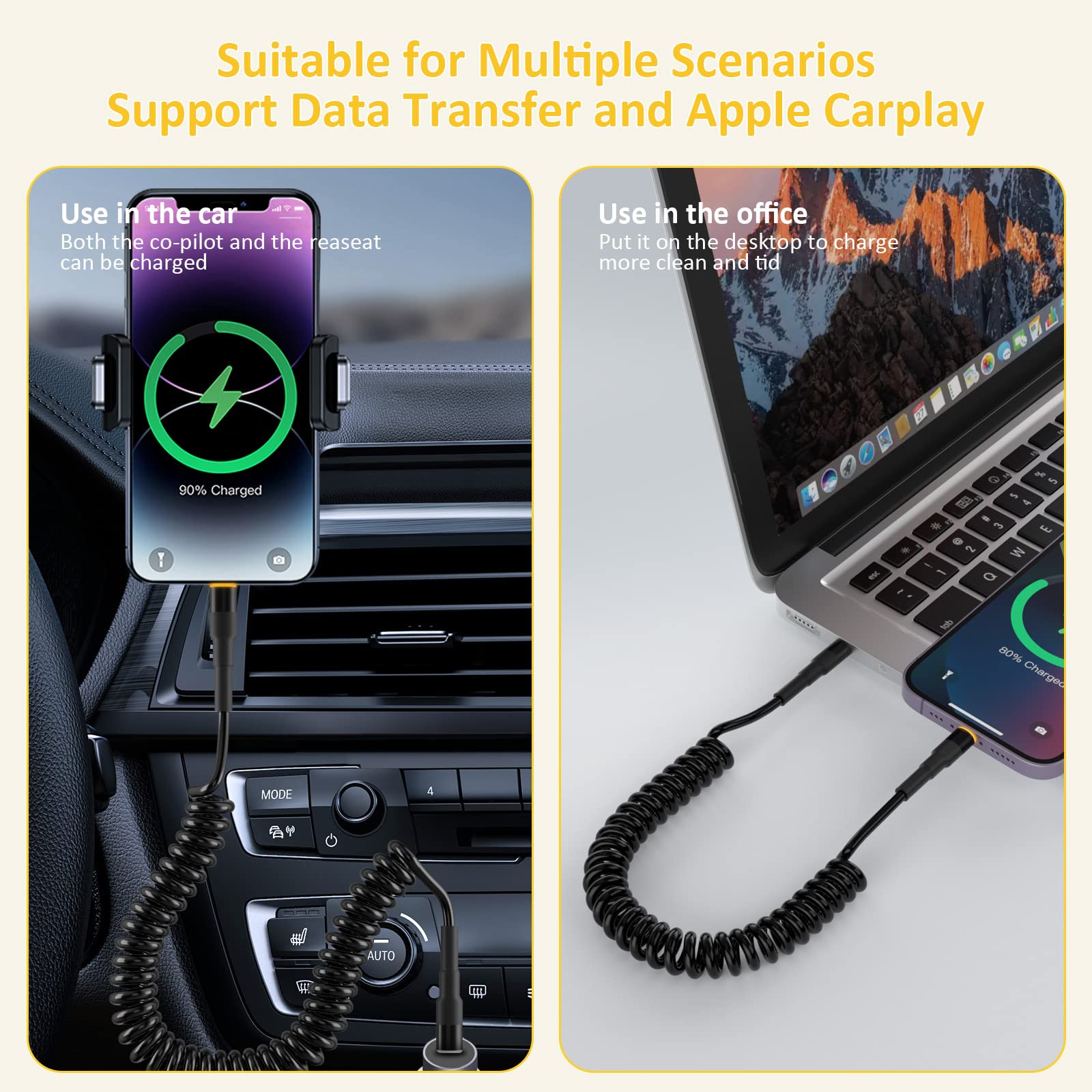 MFi Certified Coiled USB-C to Lightning Cable - Fast Charging & Data Sync for iPhone 14/13/12/11/X/8, iPad & iPod - Retractable Apple CarPlay Cord with LED Indicator - Perfect for Car, Home & Office Use