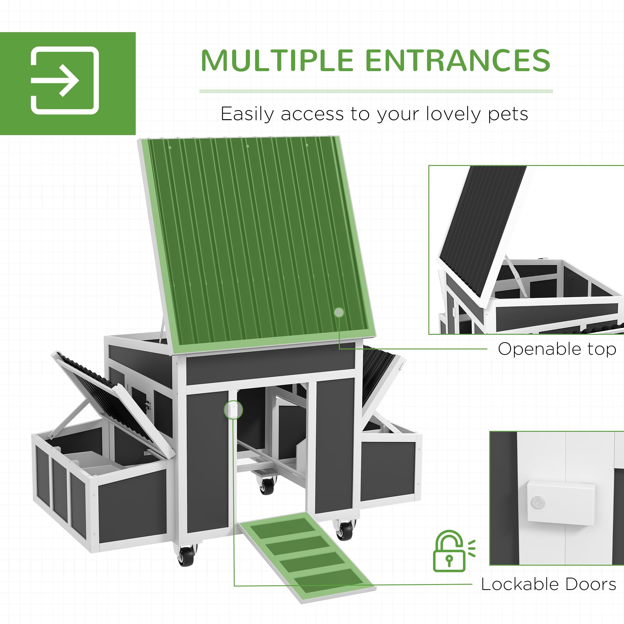 PawHut Dark Gray Wooden Chicken Coop with Nesting Box & Pull-Out Tray - Outdoor Poultry Cage for 6 Chickens, Rabbit Hutch with Perches, Ramp & Windows - Ideal for Ducks, Hens & Small Animals - Perfect for Backyard Farming & Pet Shelter