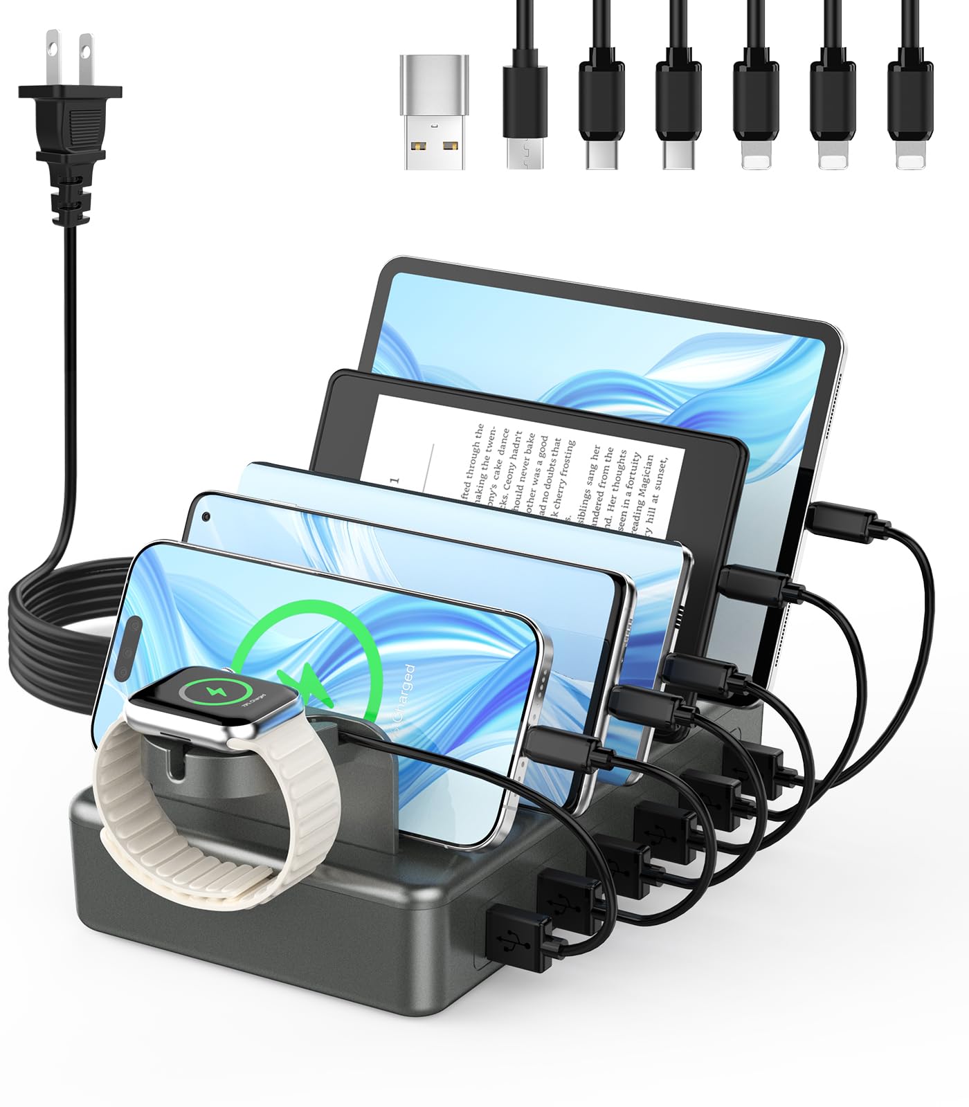 50W Fast Charging Station with 6 Ports & Apple Watch Holder - Multi-Device Charger for iPhone, iPad, Tablet, Kindle - Includes 6 Short Cables (Space Gray) | Perfect for Home, Office & Travel Charging Needs