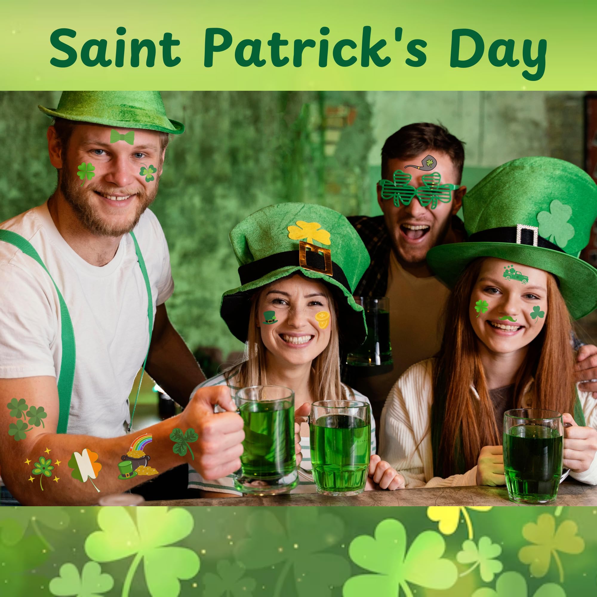St. Patrick's Day Temporary Tattoos - 50Pcs Irish Shamrock Face & Body Stickers for Party Decorations, Favors & Accessories - Perfect for St. Paddy's Day Celebrations, Parades & Irish Themed Events