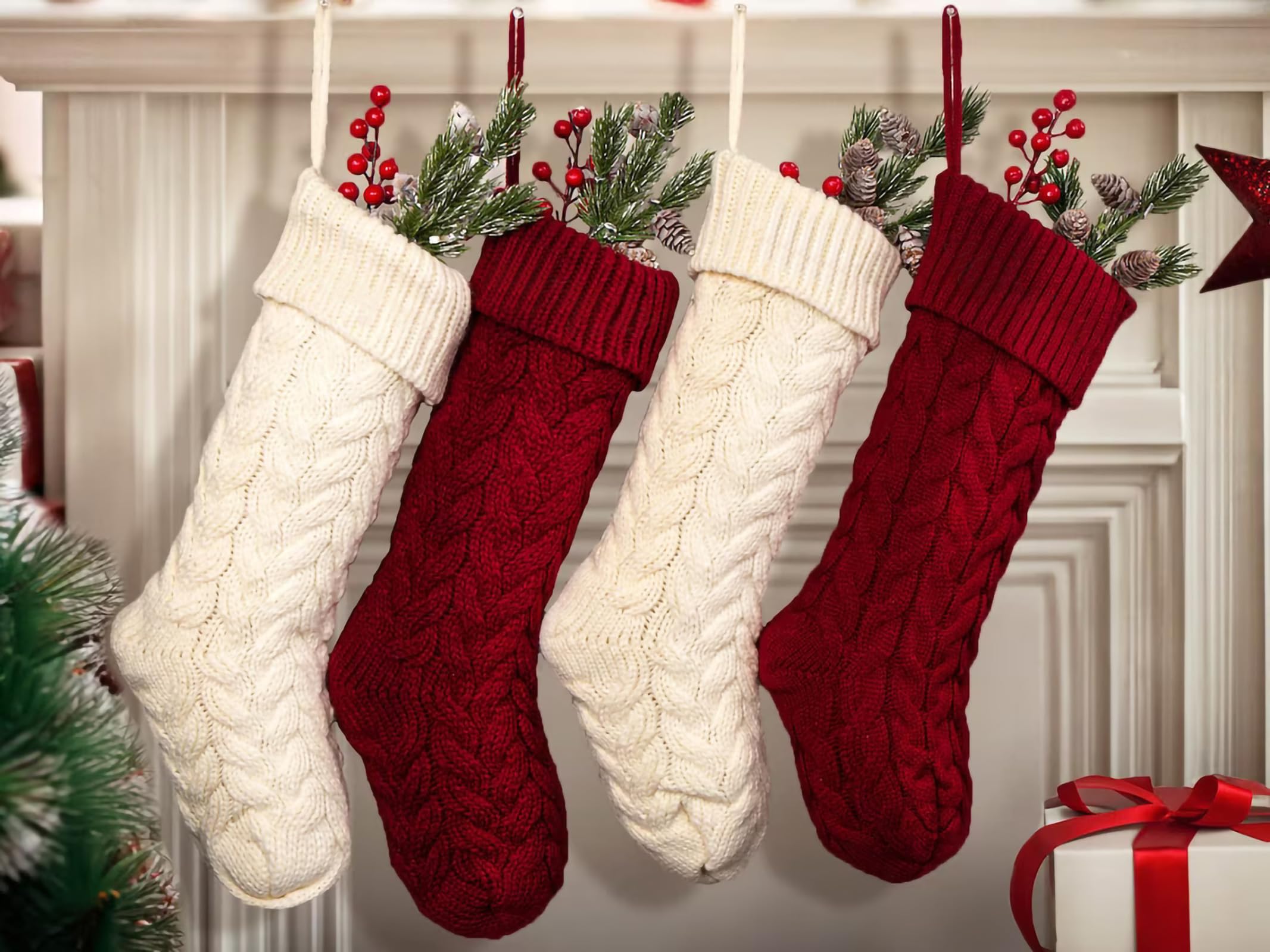 18 Inch Christmas Stockings Bulk 6 Pack - Large Cable Knit Fireplace Hanging Stockings for Family Holiday Decor - Burgundy & Ivory White Xmas Stockings - Perfect for Christmas Party, Home Decor and Gift Giving