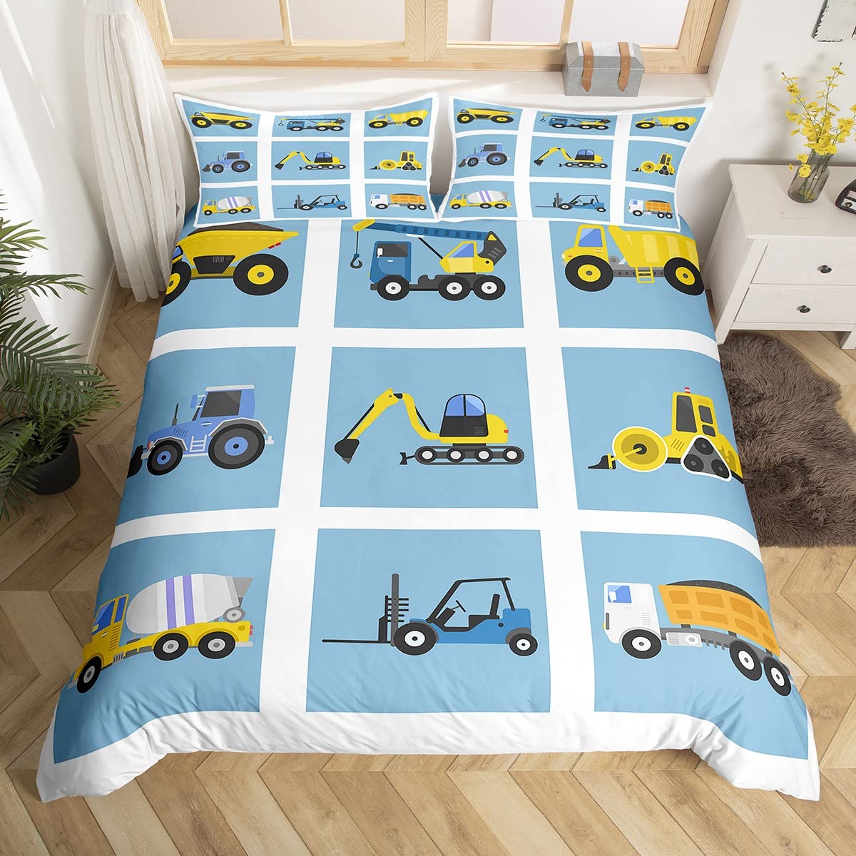 Kids Construction Truck Bedding Set - Excavator, Crane & Dump Truck Duvet Cover for Boys - Twin Size Bedspread with 1 Pillow Case - Perfect for Construction Theme Bedroom Decor & Toddler Room Design