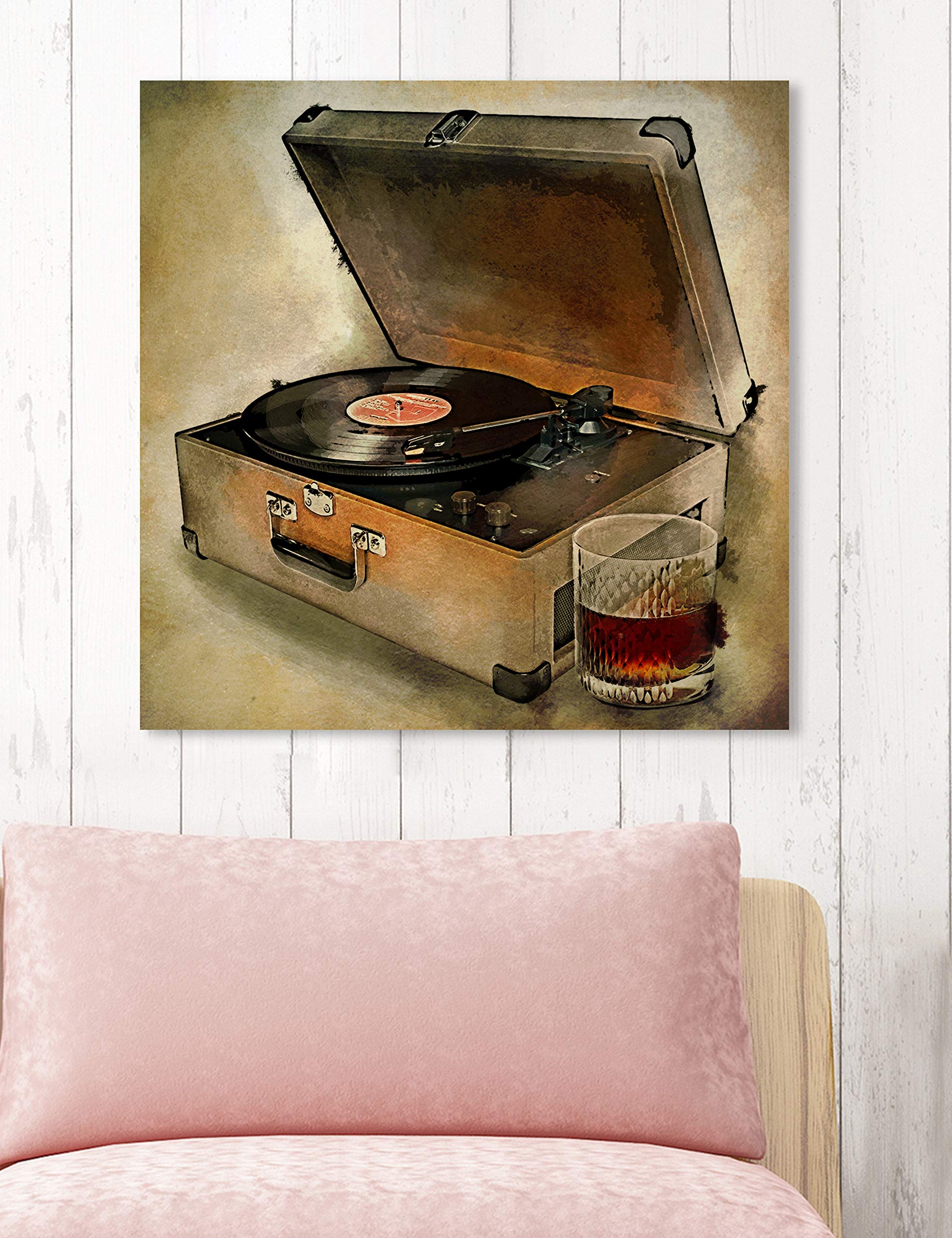 Oliver Gal Artist Co. 'Drink to The Tunes' Music Wall Art Canvas Print - 24x24 Inches Brown & White Home Decor - Perfect for Living Room, Bedroom & Bar Decorations